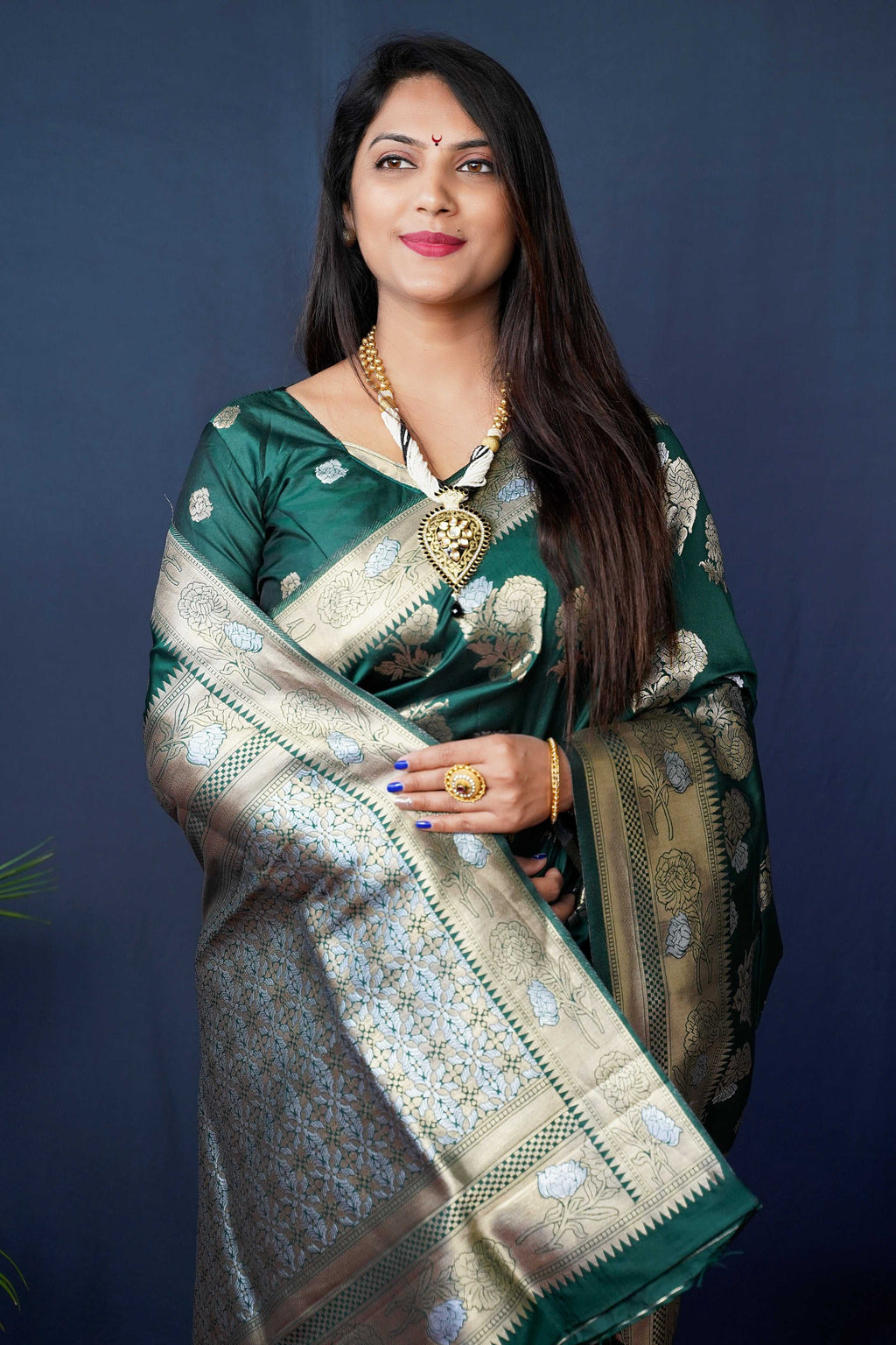 Bottle Green Handloom Banarasi Silk Zari Woven Saree with Blouse