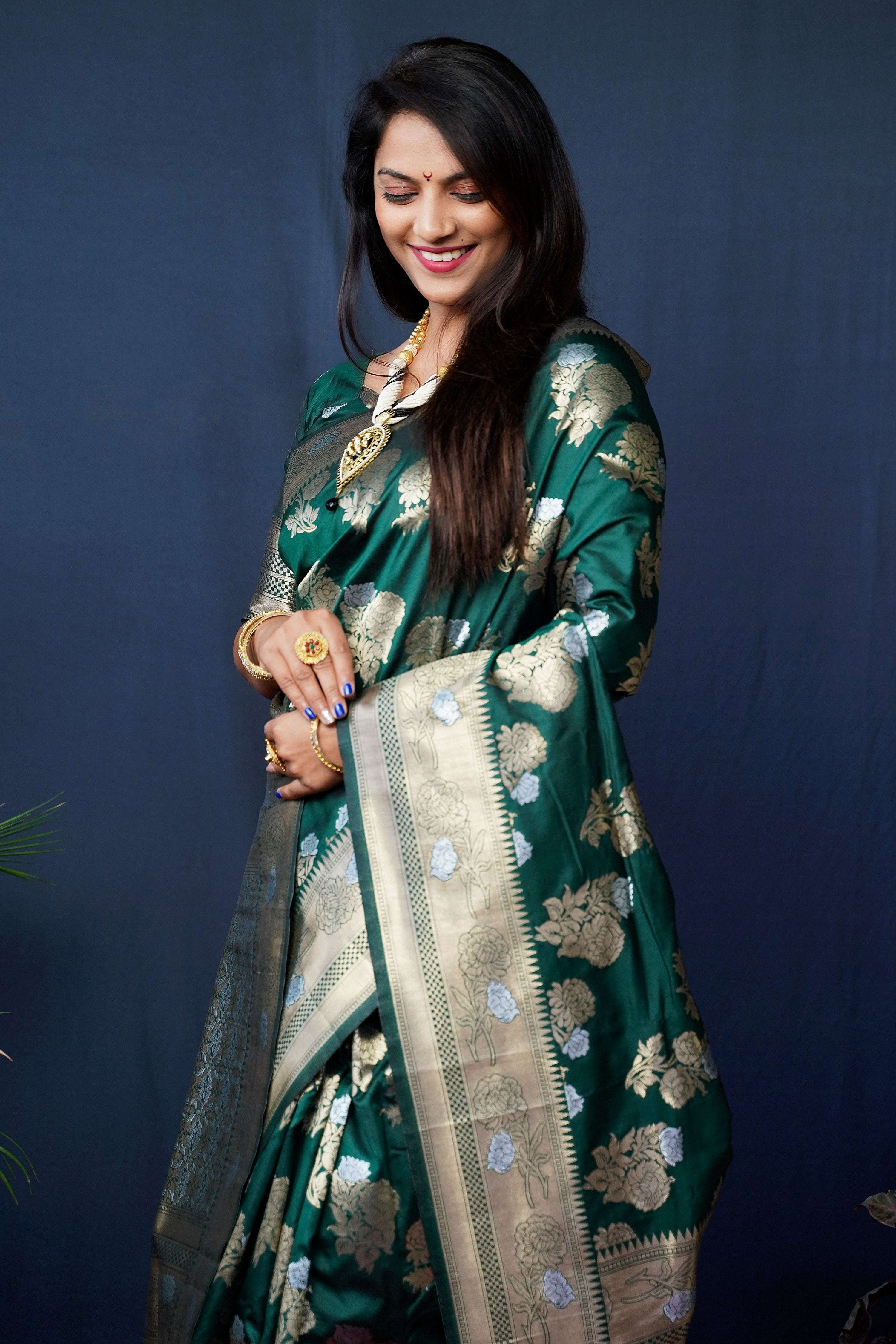 Bottle Green Handloom Banarasi Silk Zari Woven Saree with Blouse