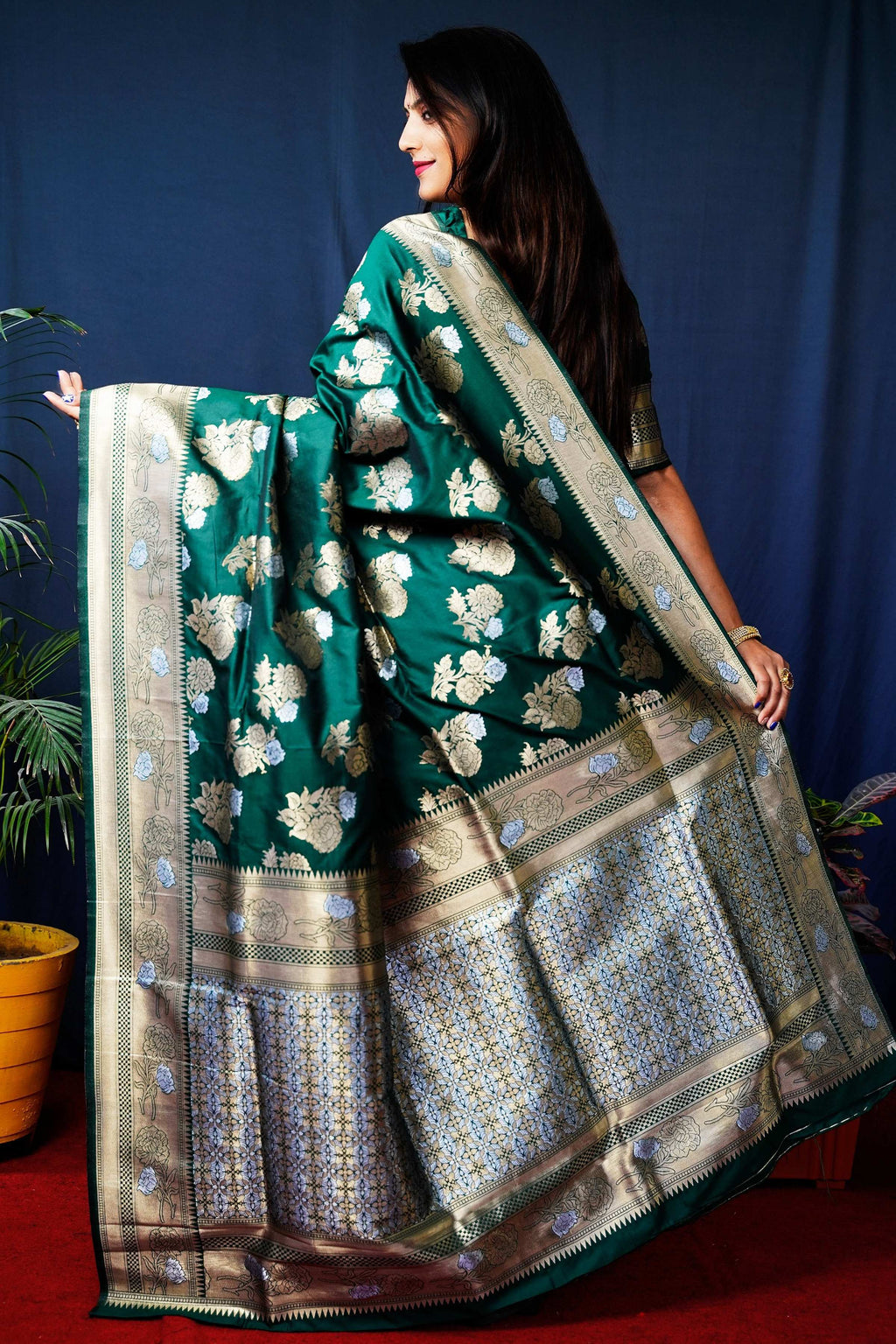 Bottle Green Handloom Banarasi Silk Zari Woven Saree with Blouse