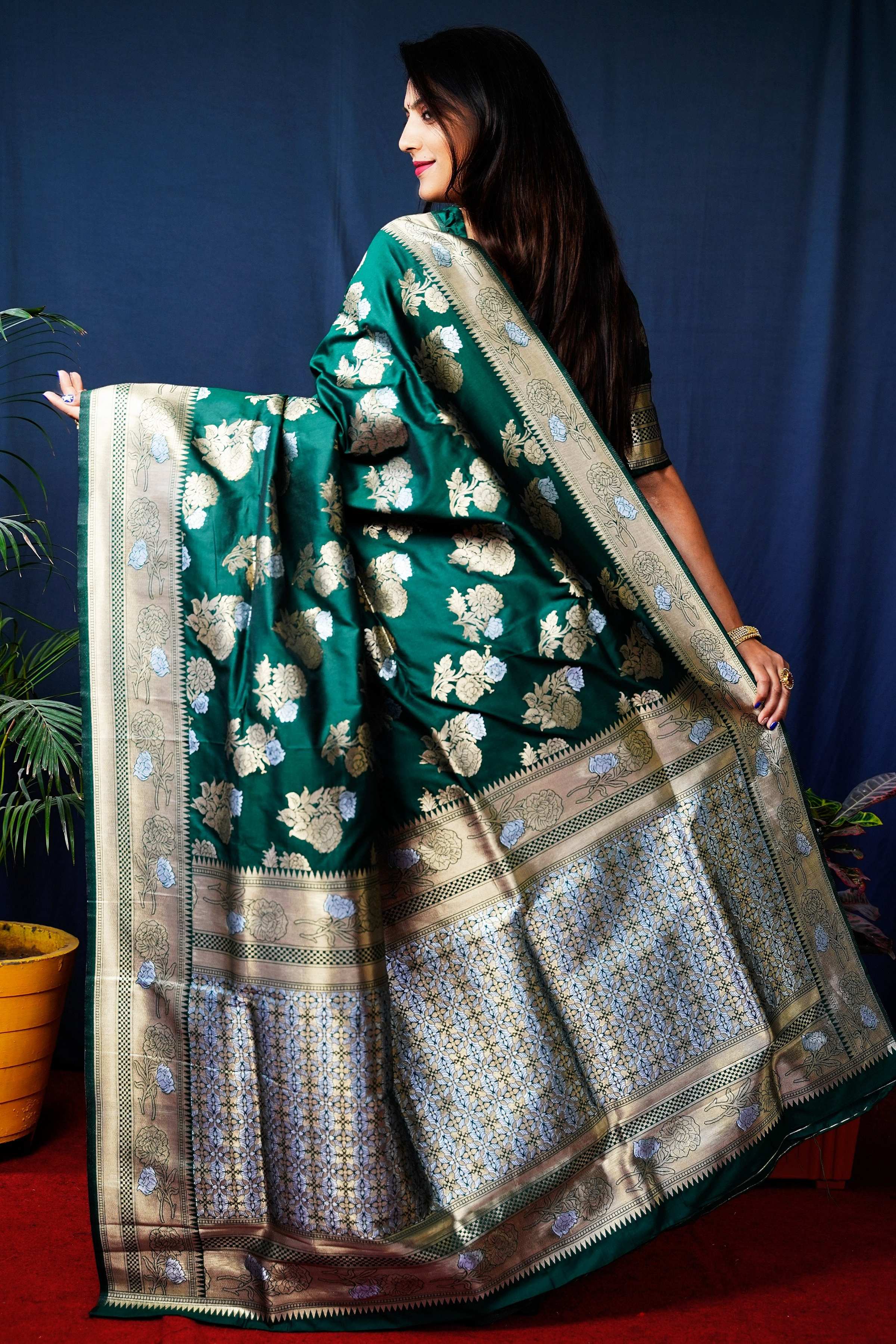 Bottle Green Handloom Banarasi Silk Zari Woven Saree with Blouse