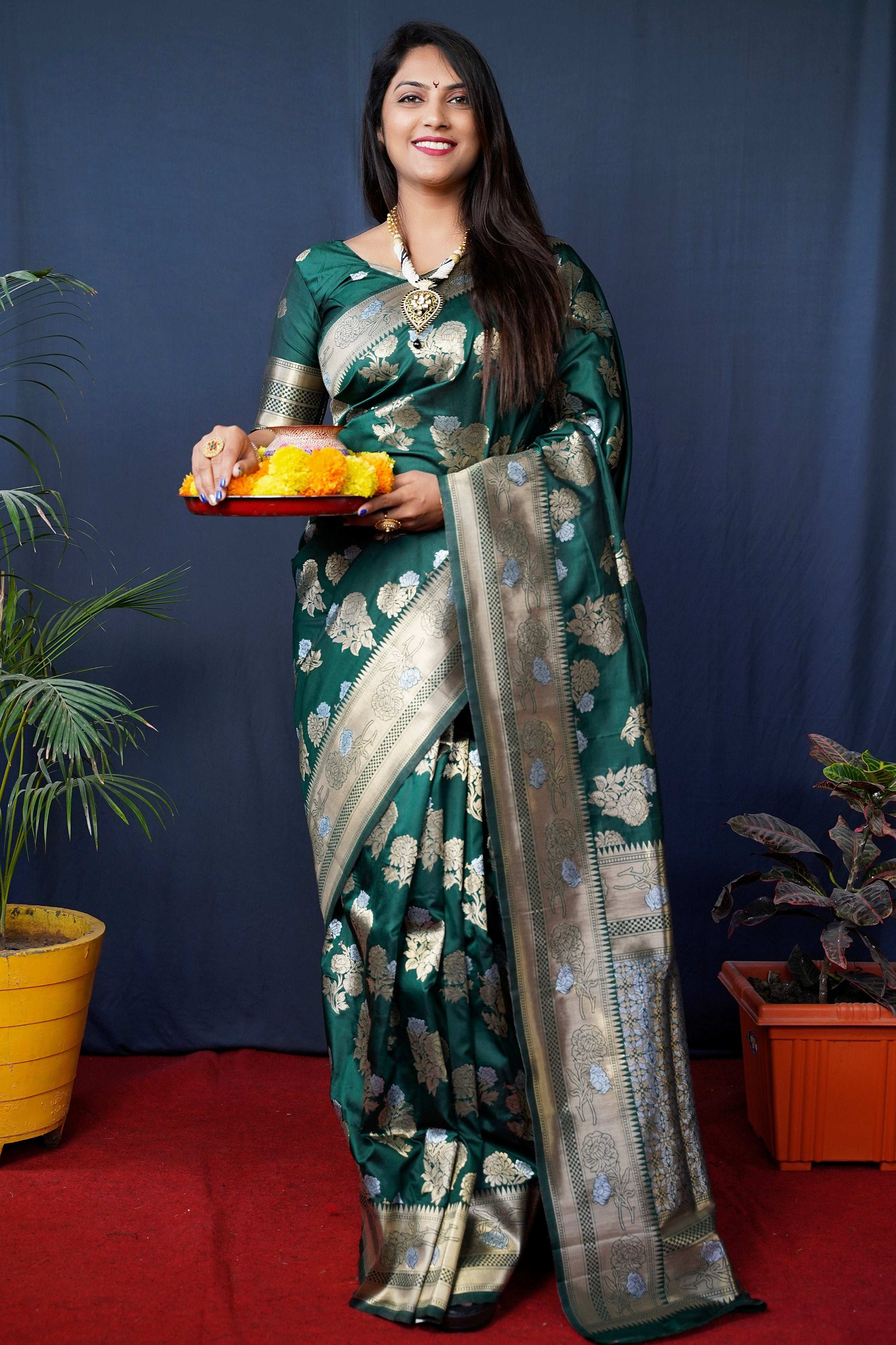 Bottle Green handloom Banarasi silk saree with Zari woven details