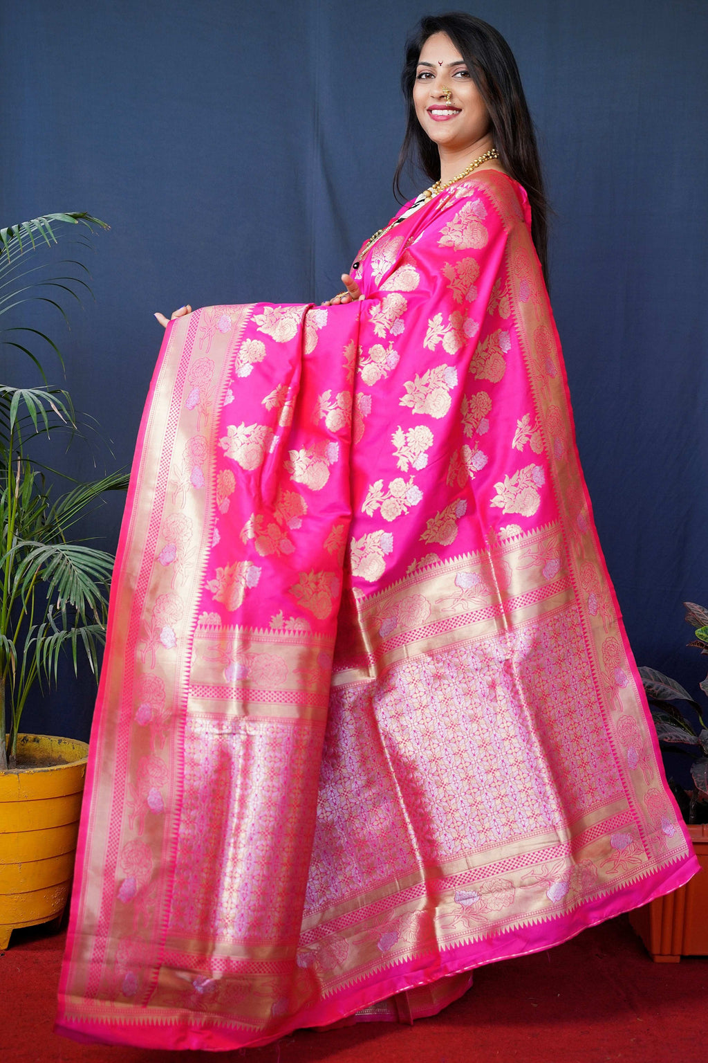 Pink Handloom Banarasi Silk Zari Woven Saree with Blouse