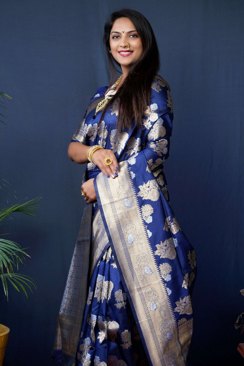 Navy Blue Handloom Banarasi Silk Zari Woven Saree with Blouse