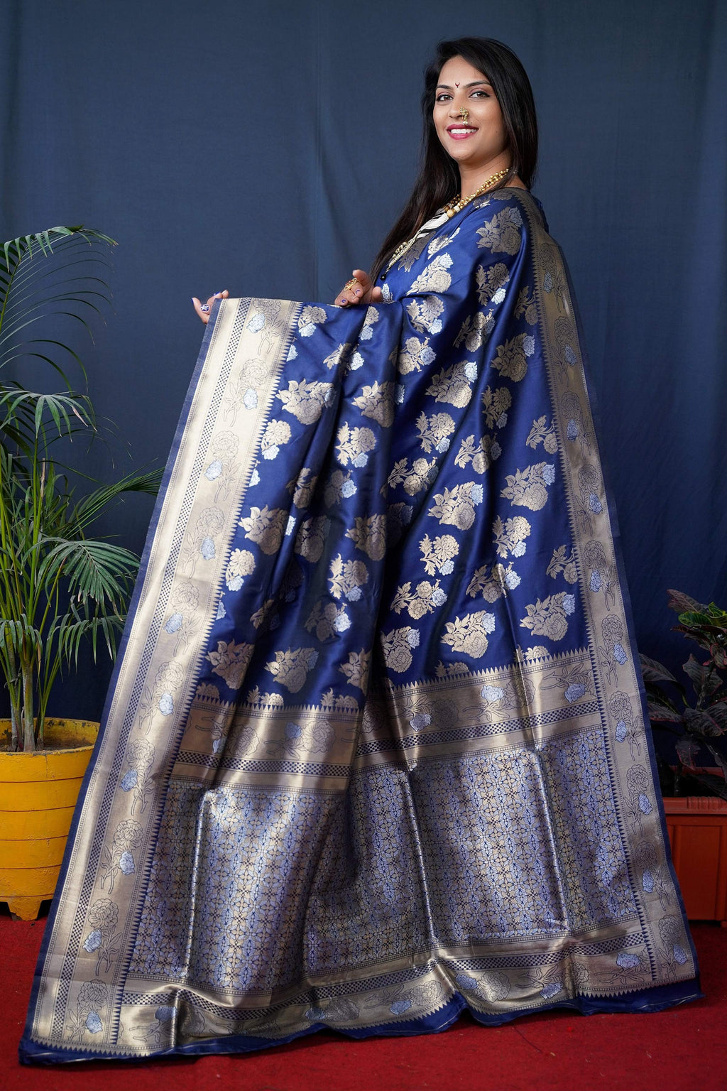 Navy Blue Handloom Banarasi Silk Zari Woven Saree with Blouse