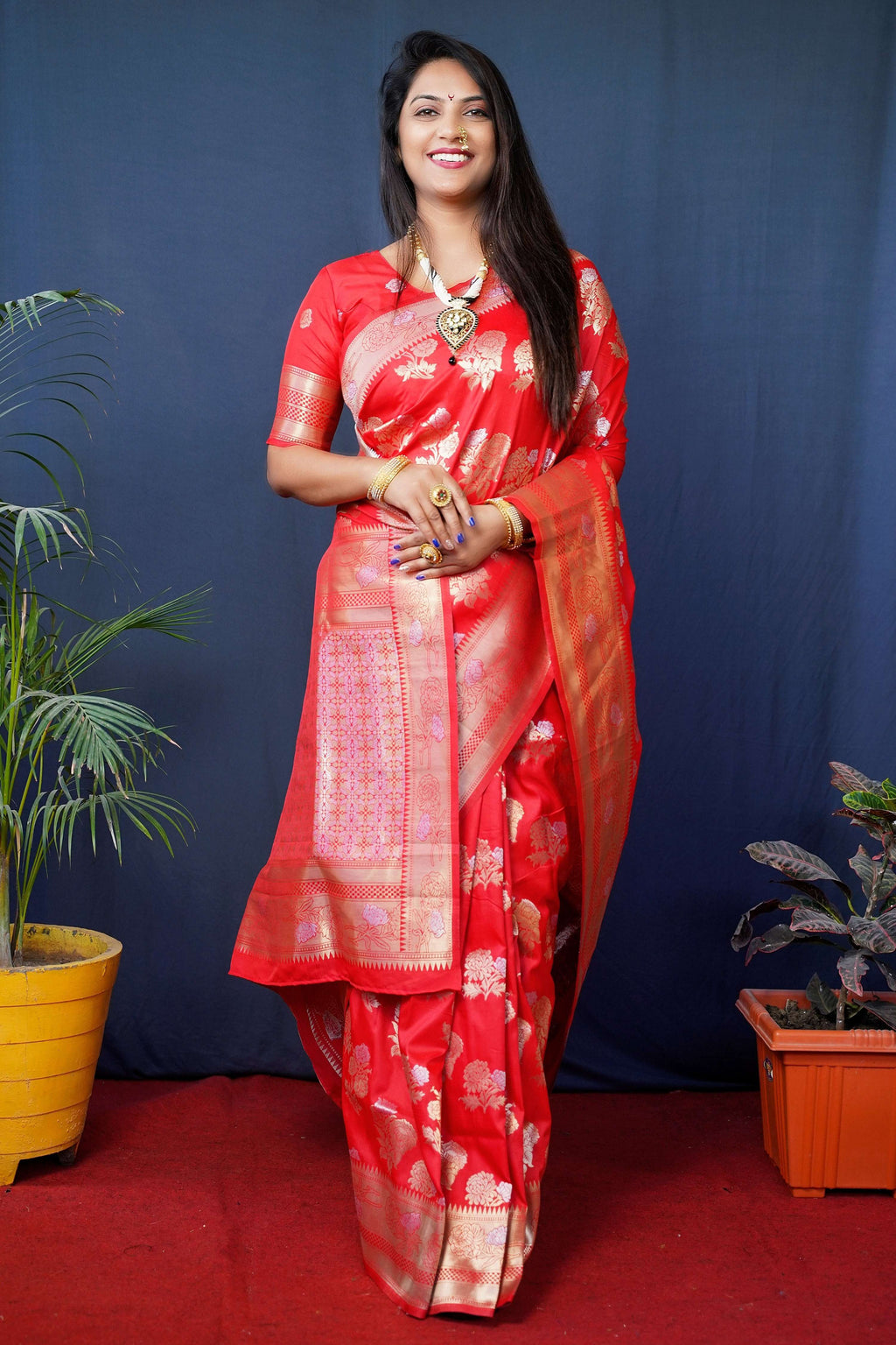 Red Handloom Banarasi Silk saree with intricate gold Zari woven border and matching half-sleeve blouse