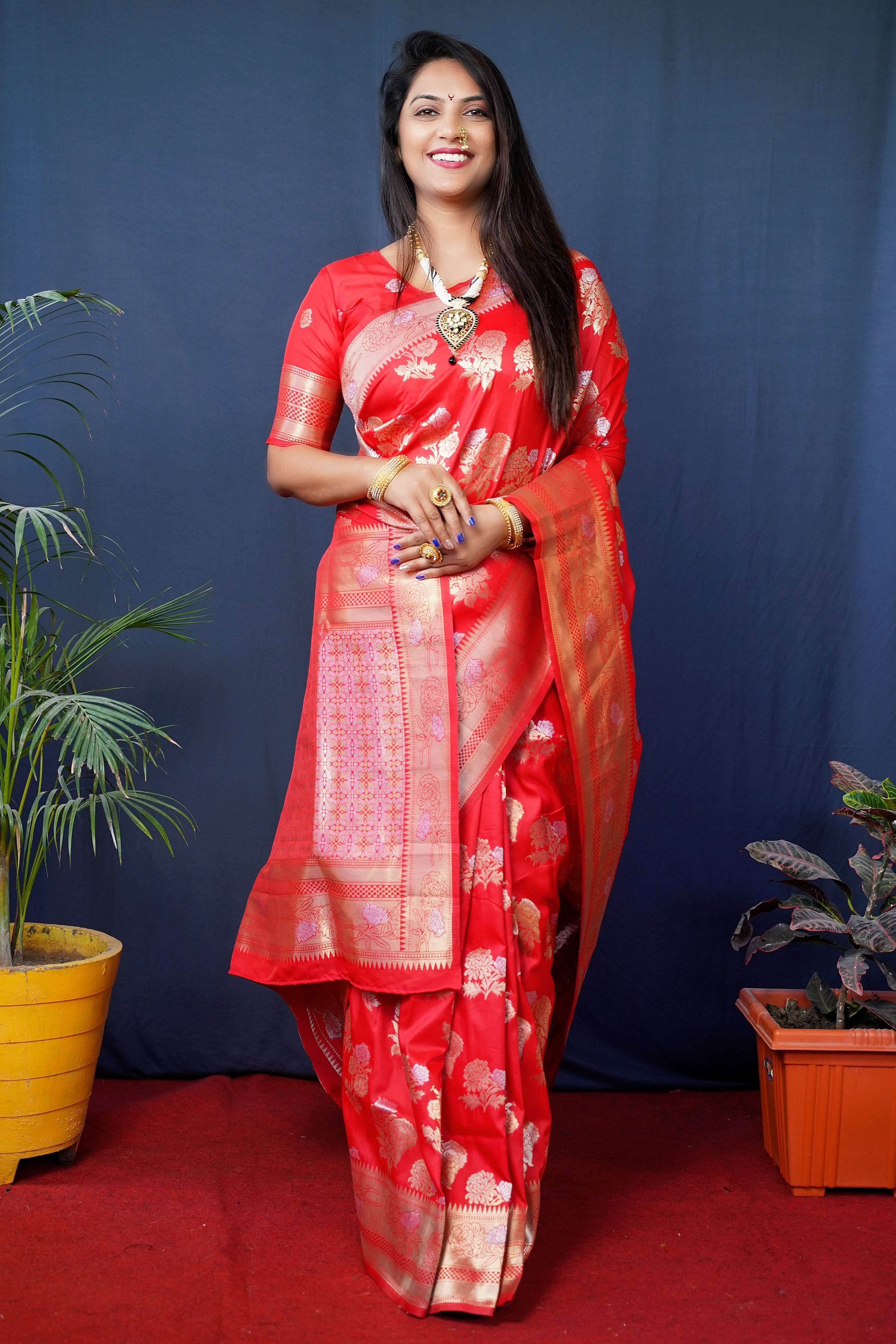 Red Handloom Banarasi Silk saree with intricate gold Zari woven border and matching half-sleeve blouse