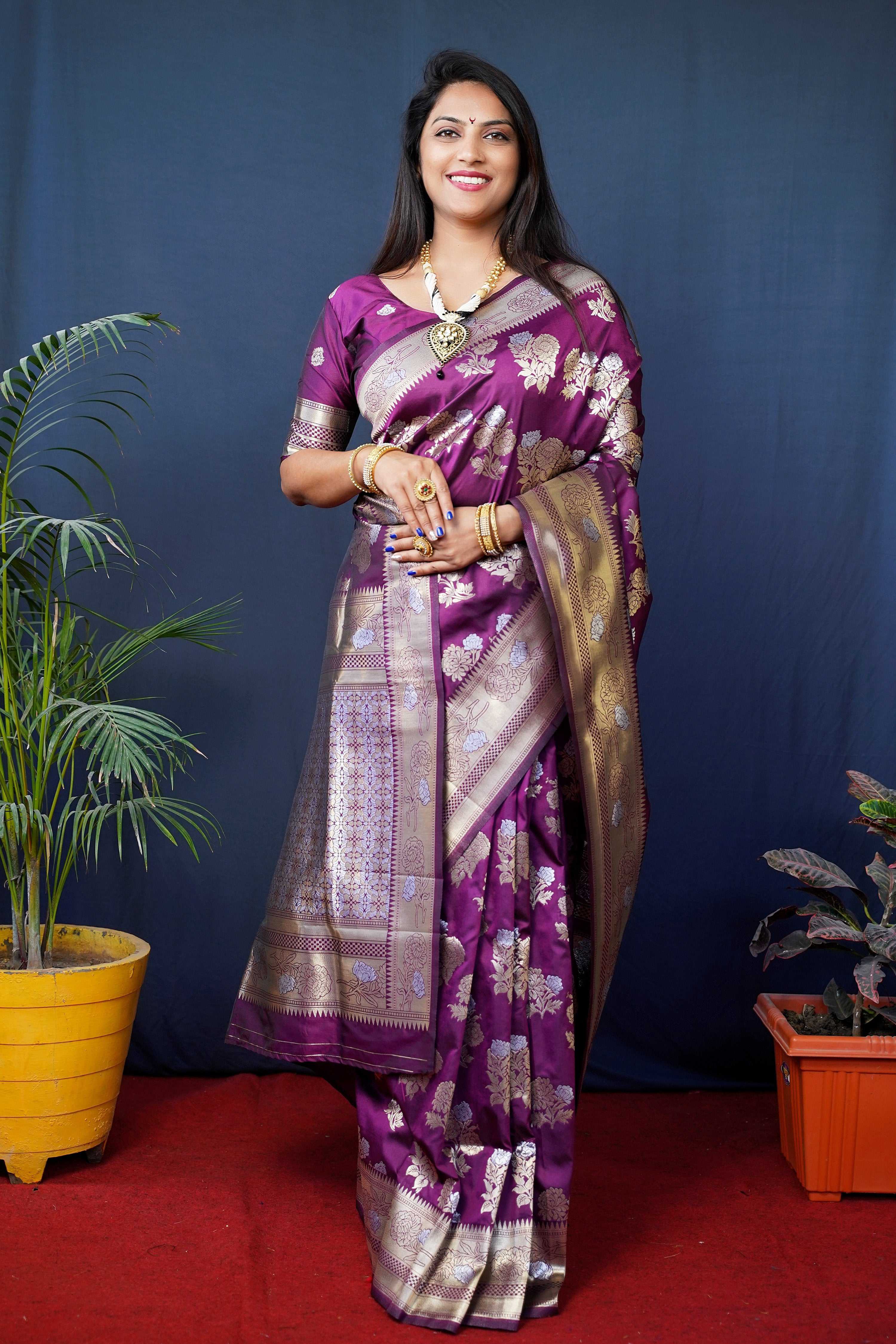 Wine Handloom Banarasi Silk Saree with Zari Woven Border