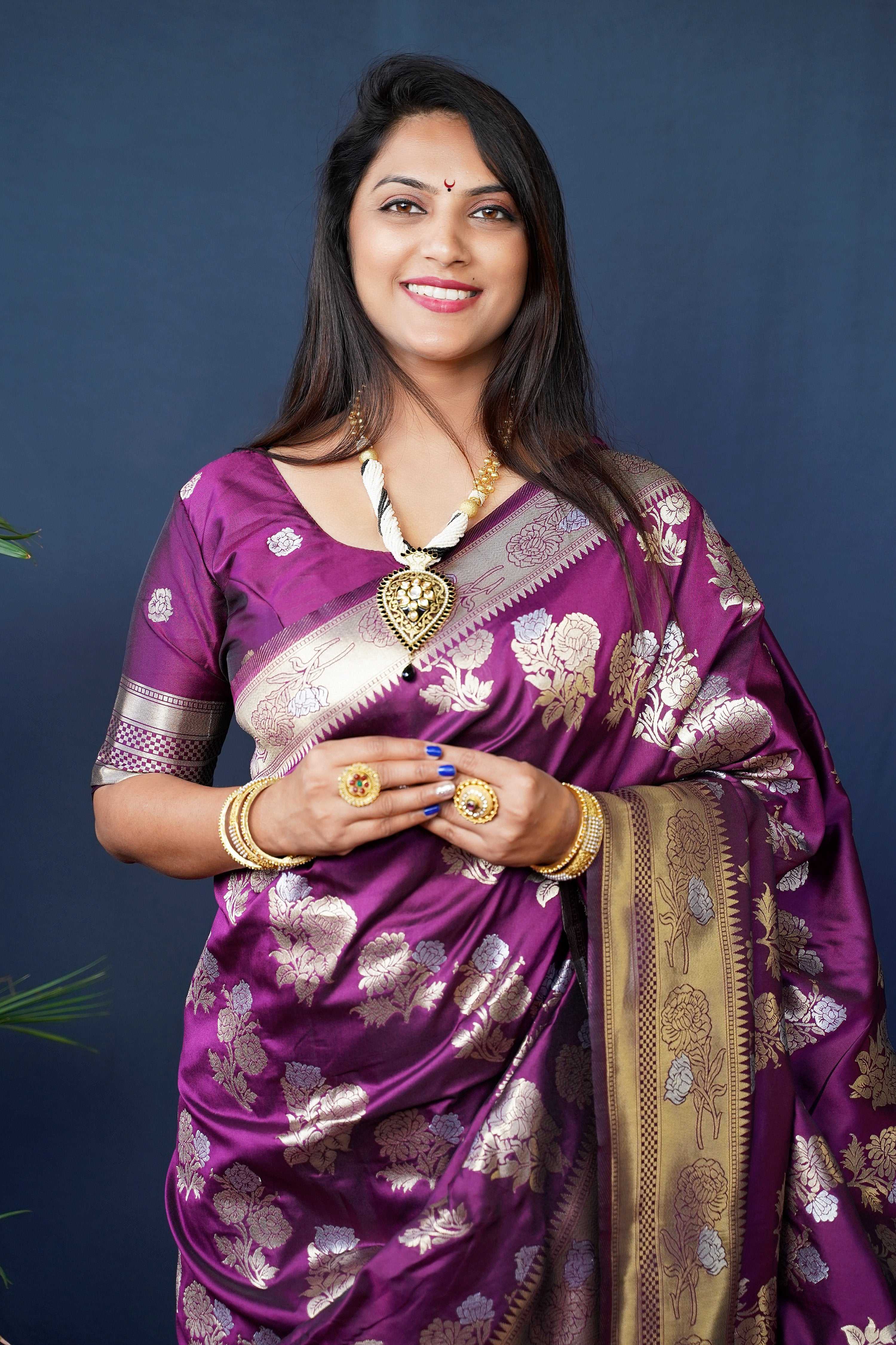 Wine Handloom Banarasi Silk Saree with Zari Woven Border