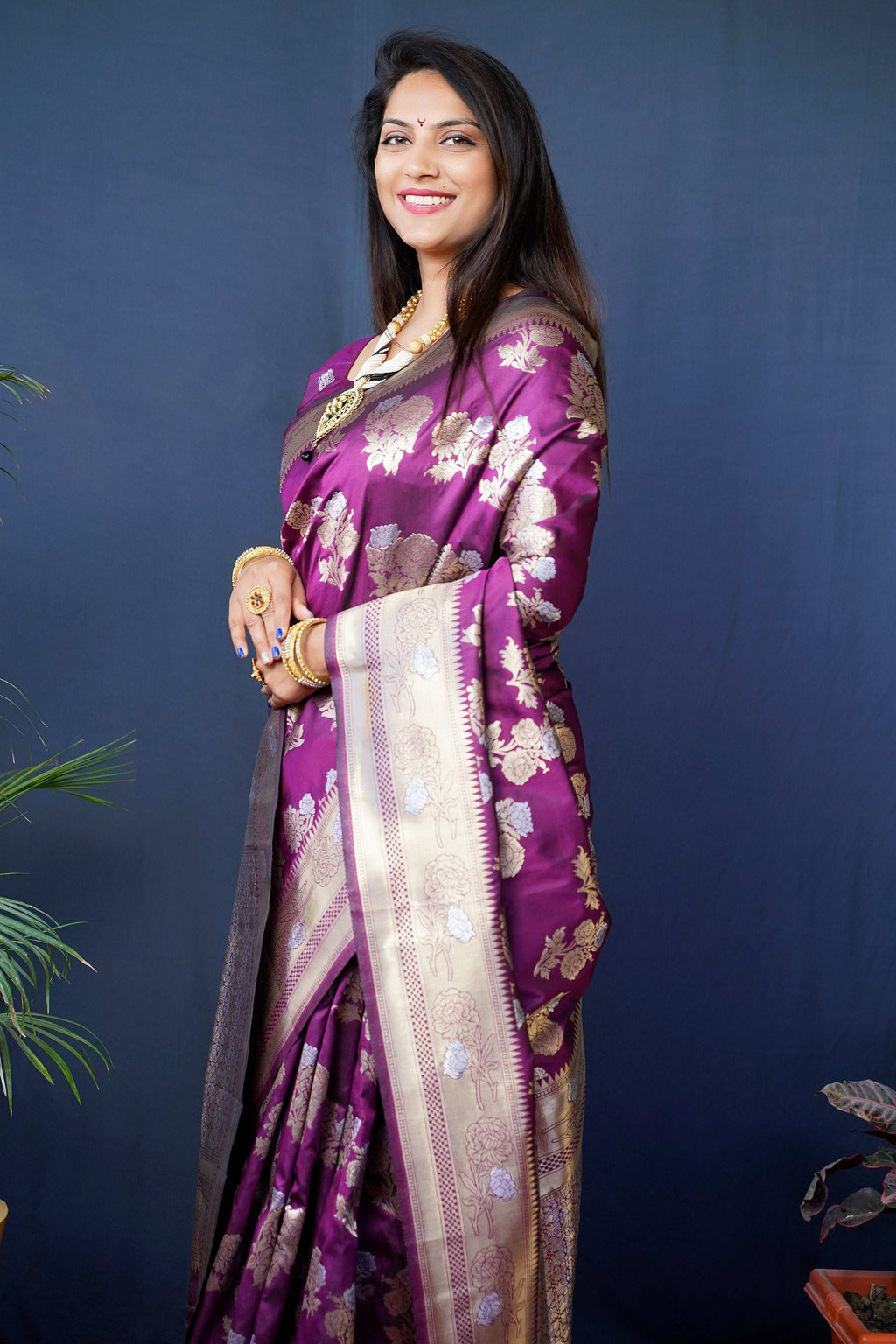 Wine Handloom Banarasi Silk Saree with Zari Woven Border