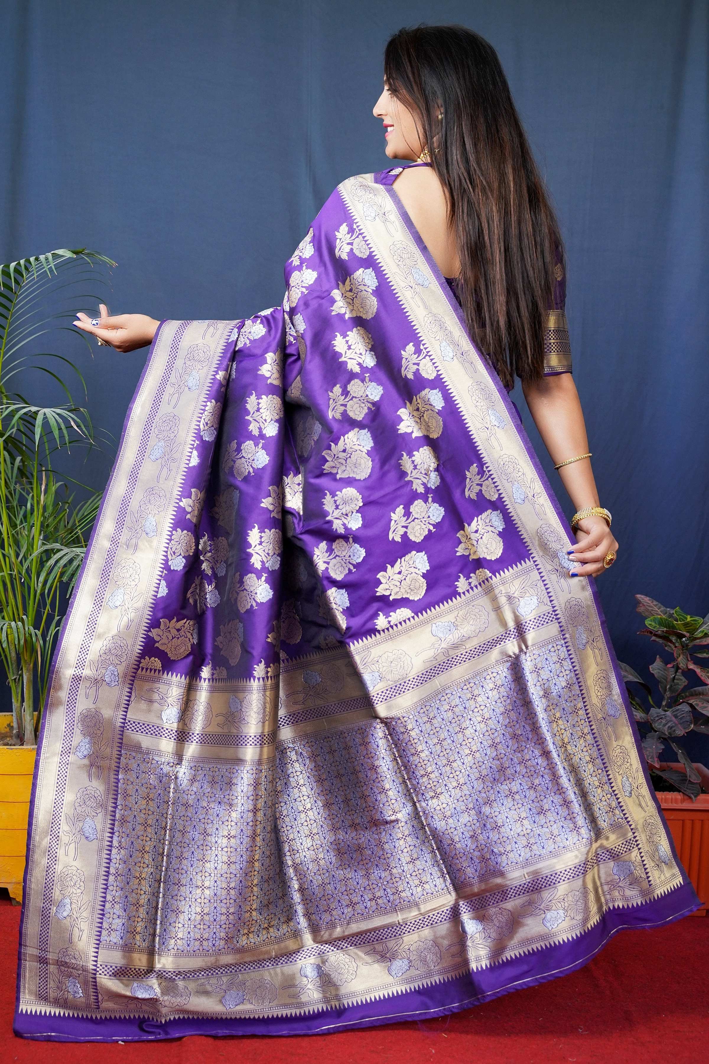Jyoti Fashion Women's Purple Handloom Banarasi Silk Zari Woven Saree with Blouse