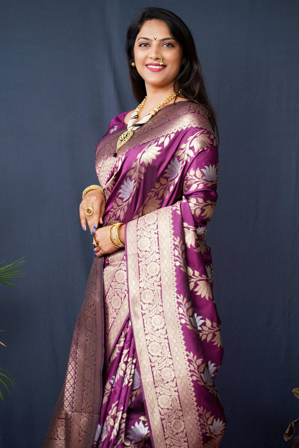 Wine Handloom Banarasi Silk Saree with Zari Woven Work