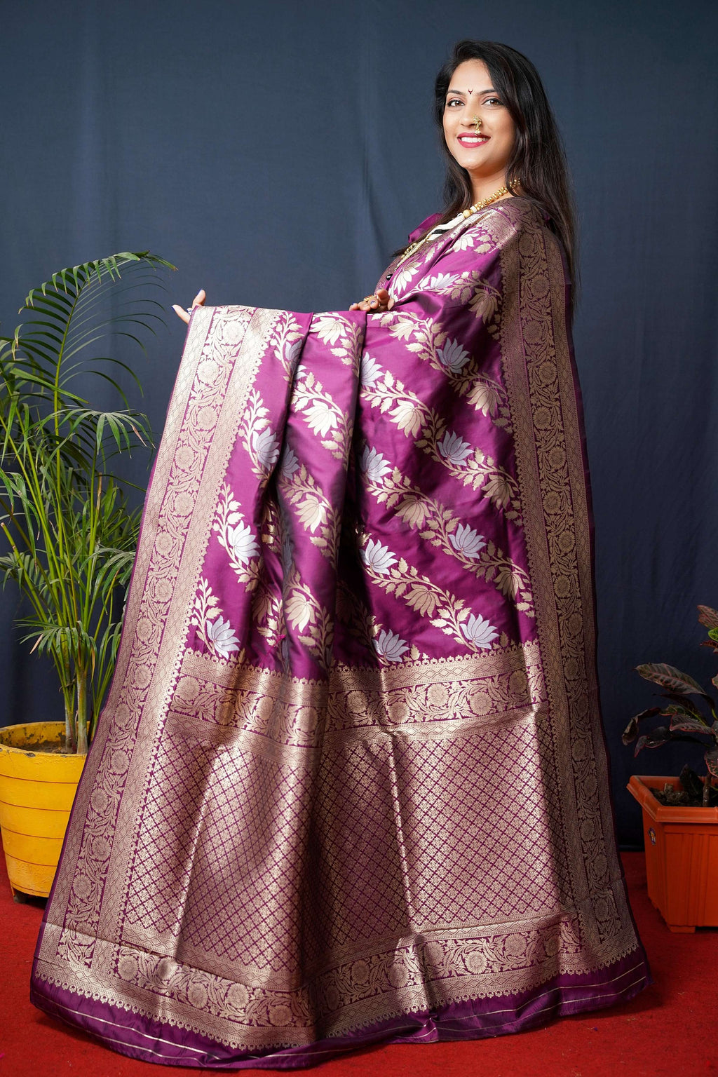 Wine Handloom Banarasi Silk Saree with Zari Woven Work