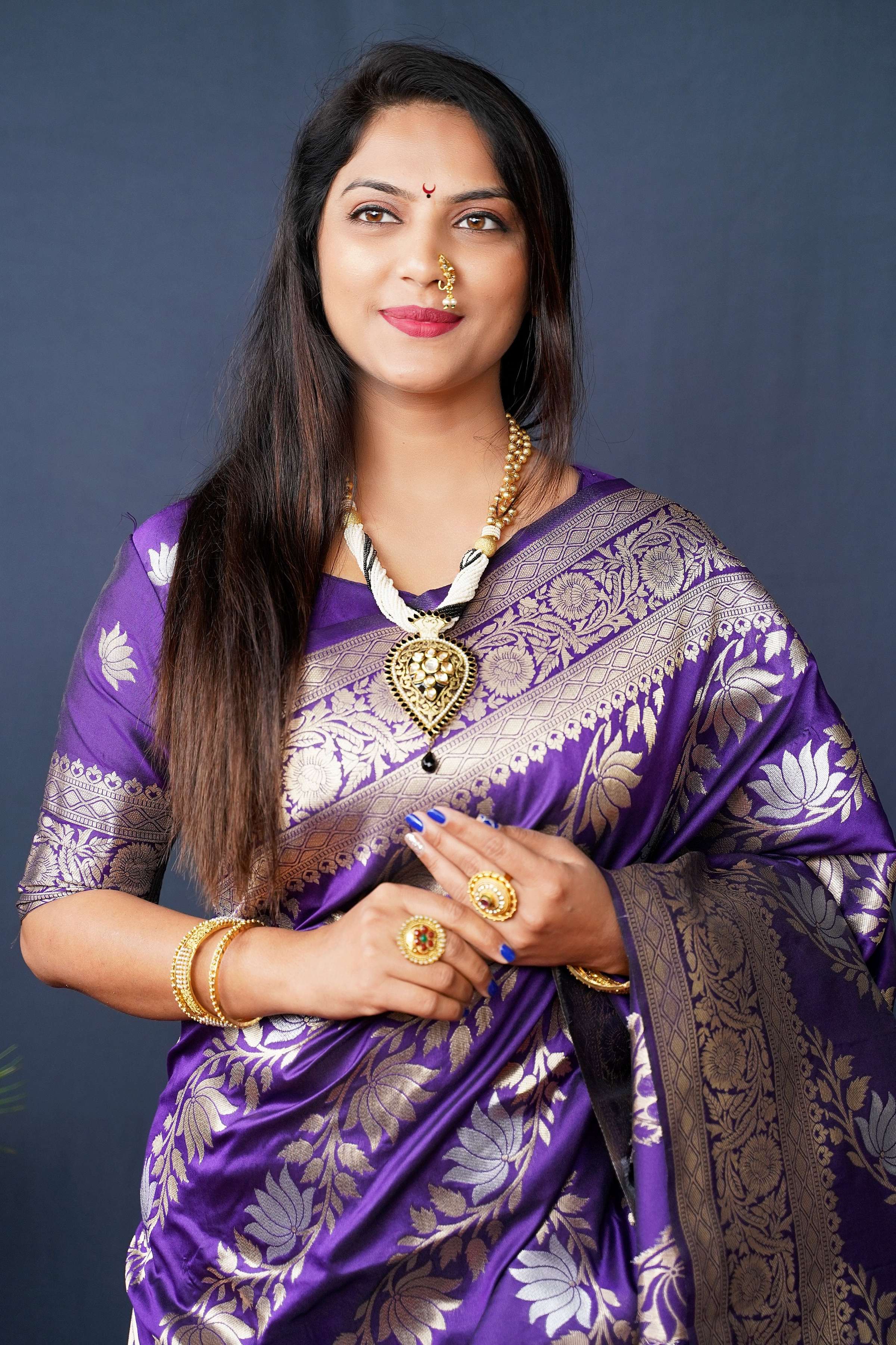 Purple Handloom Banarasi Silk Saree with Zari Woven Detail
