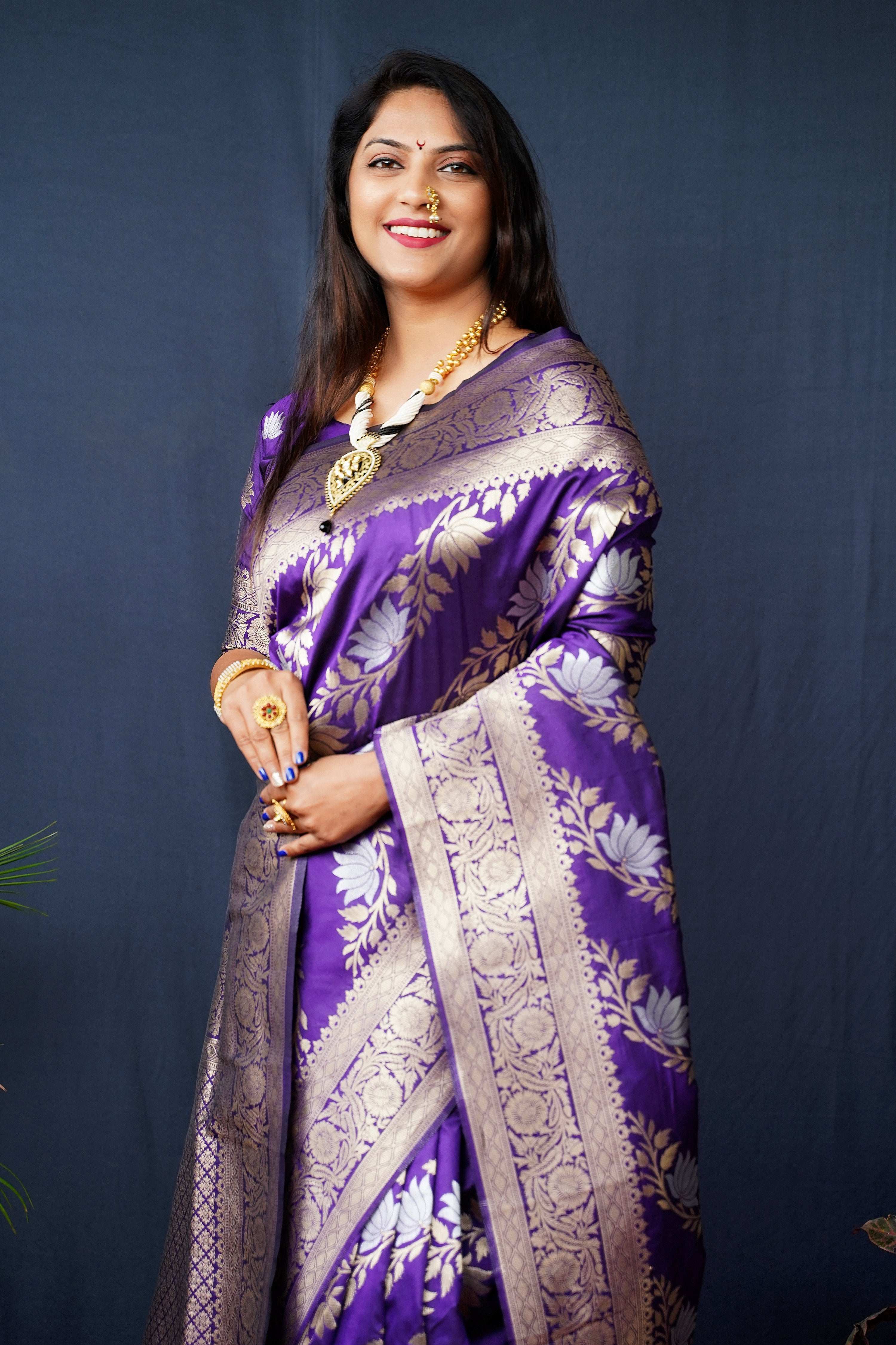 Purple Handloom Banarasi Silk Saree with Zari Woven Detail