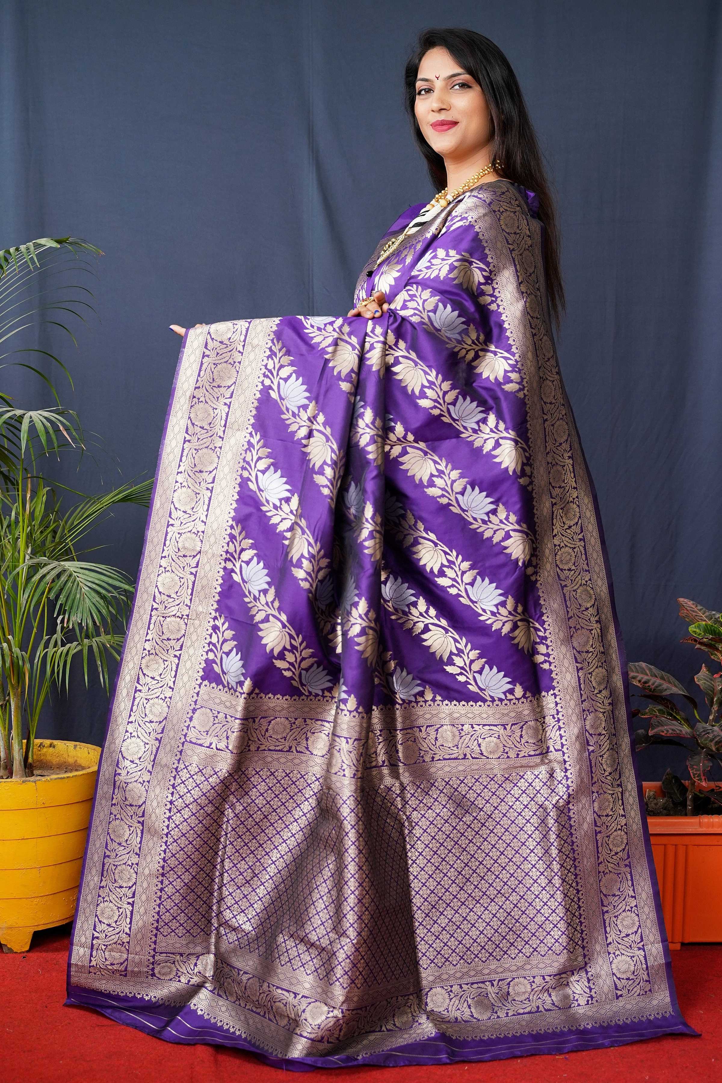 Purple Handloom Banarasi Silk Saree with Zari Woven Detail