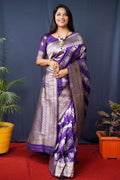 Purple handloom Banarasi silk saree with zari woven border and matching blouse