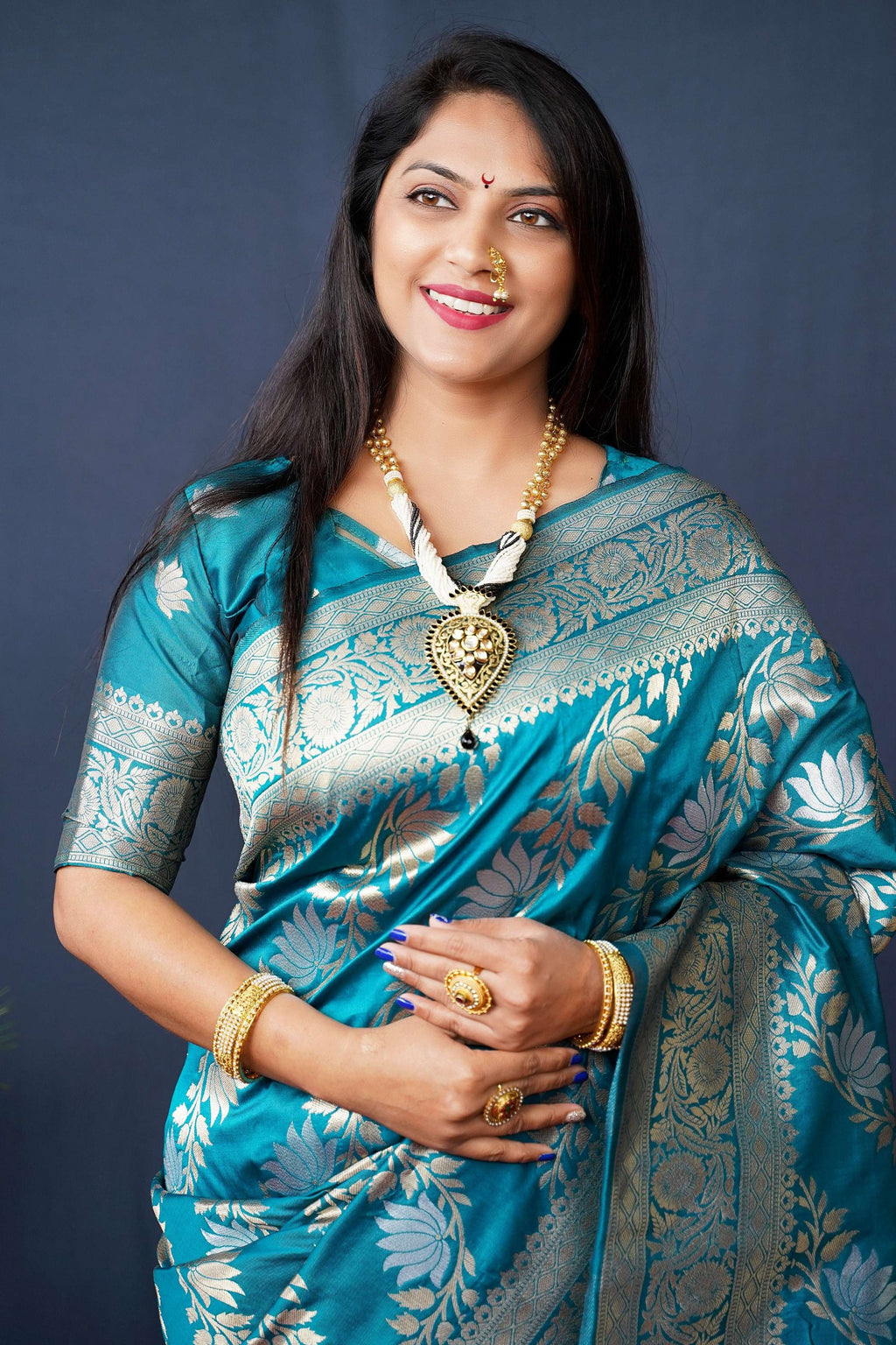 Teal Handloom Banarasi Silk Zari Woven Saree with Blouse
