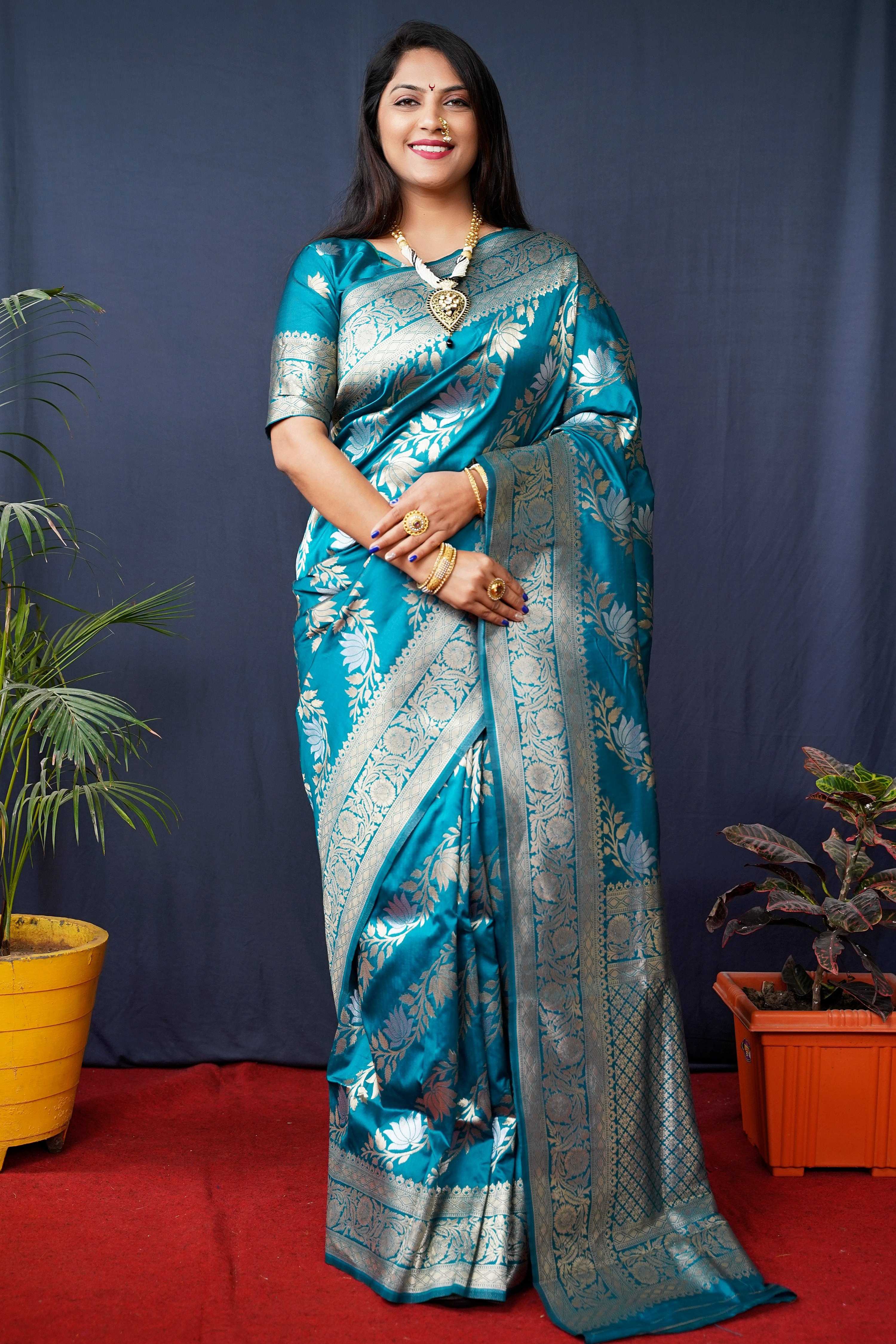Teal handloom Banarasi silk saree with Zari woven border