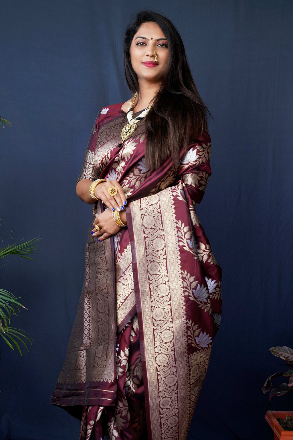 Maroon Handloom Banarasi Silk Zari Woven Saree with Blouse