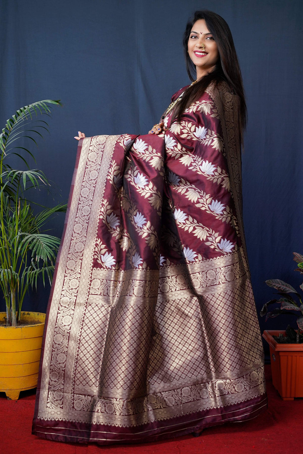 Maroon Handloom Banarasi Silk Zari Woven Saree with Blouse