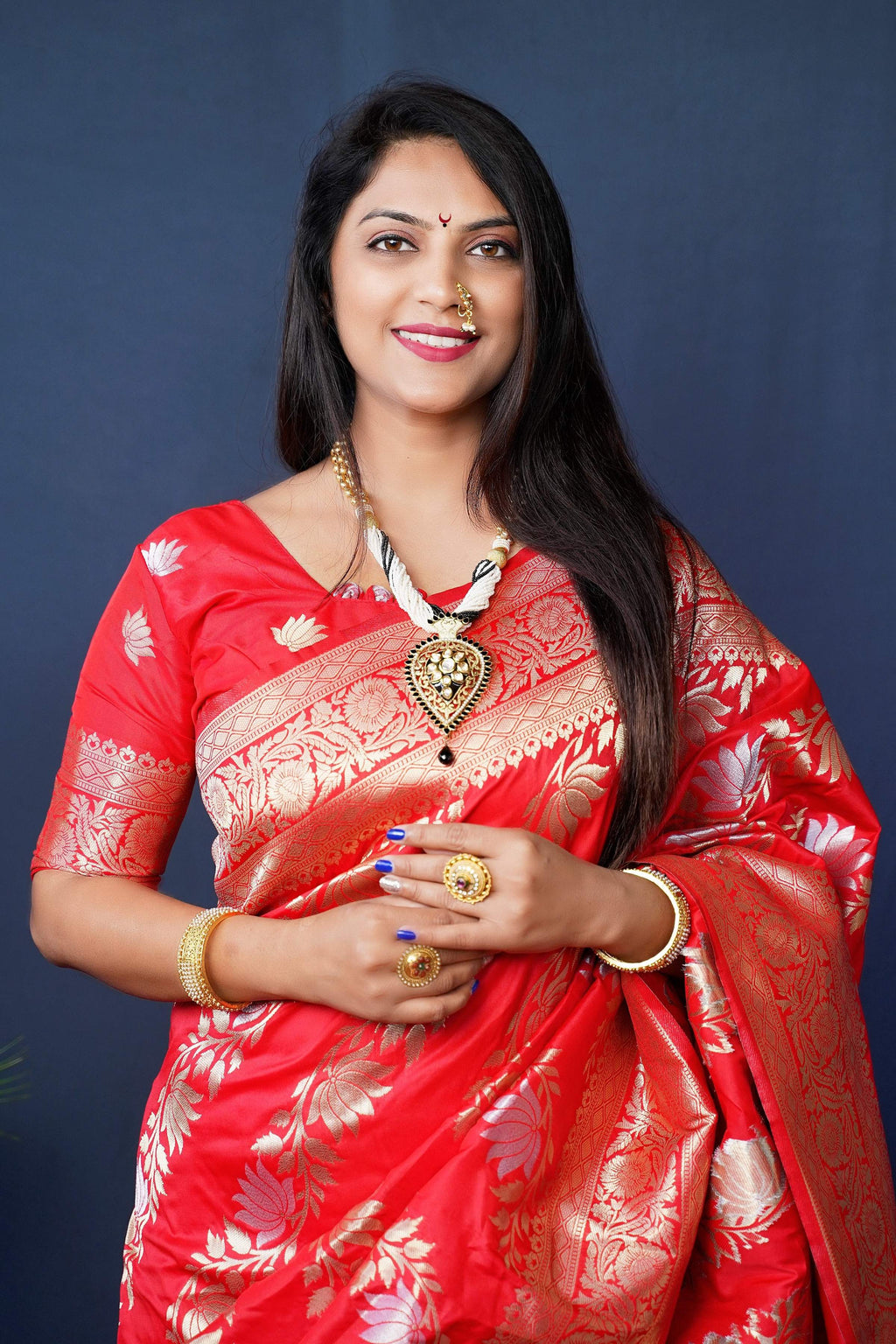 Red Handloom Banarasi Silk Saree with Zari Woven Details