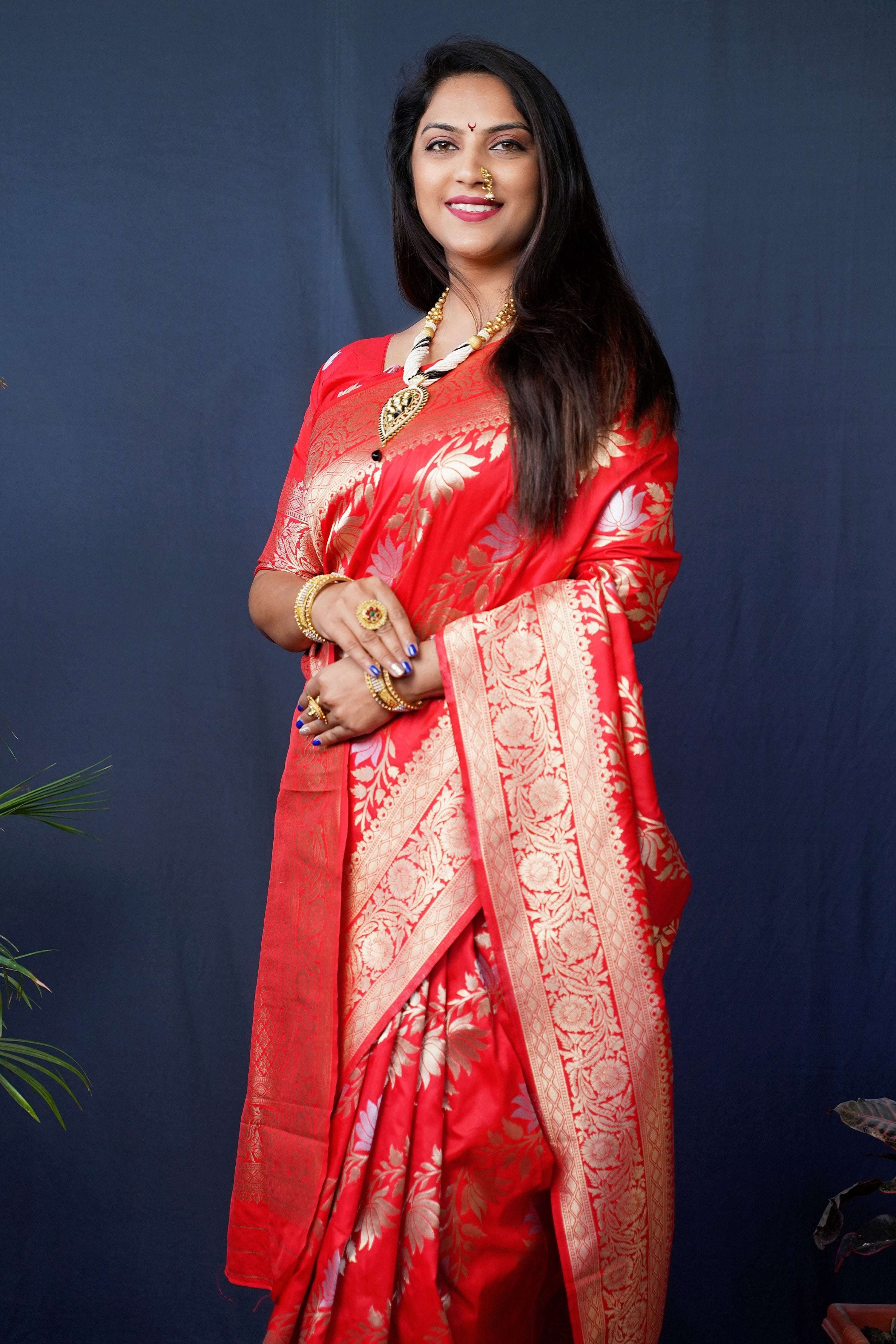 Red Handloom Banarasi Silk Saree with Zari Woven Details