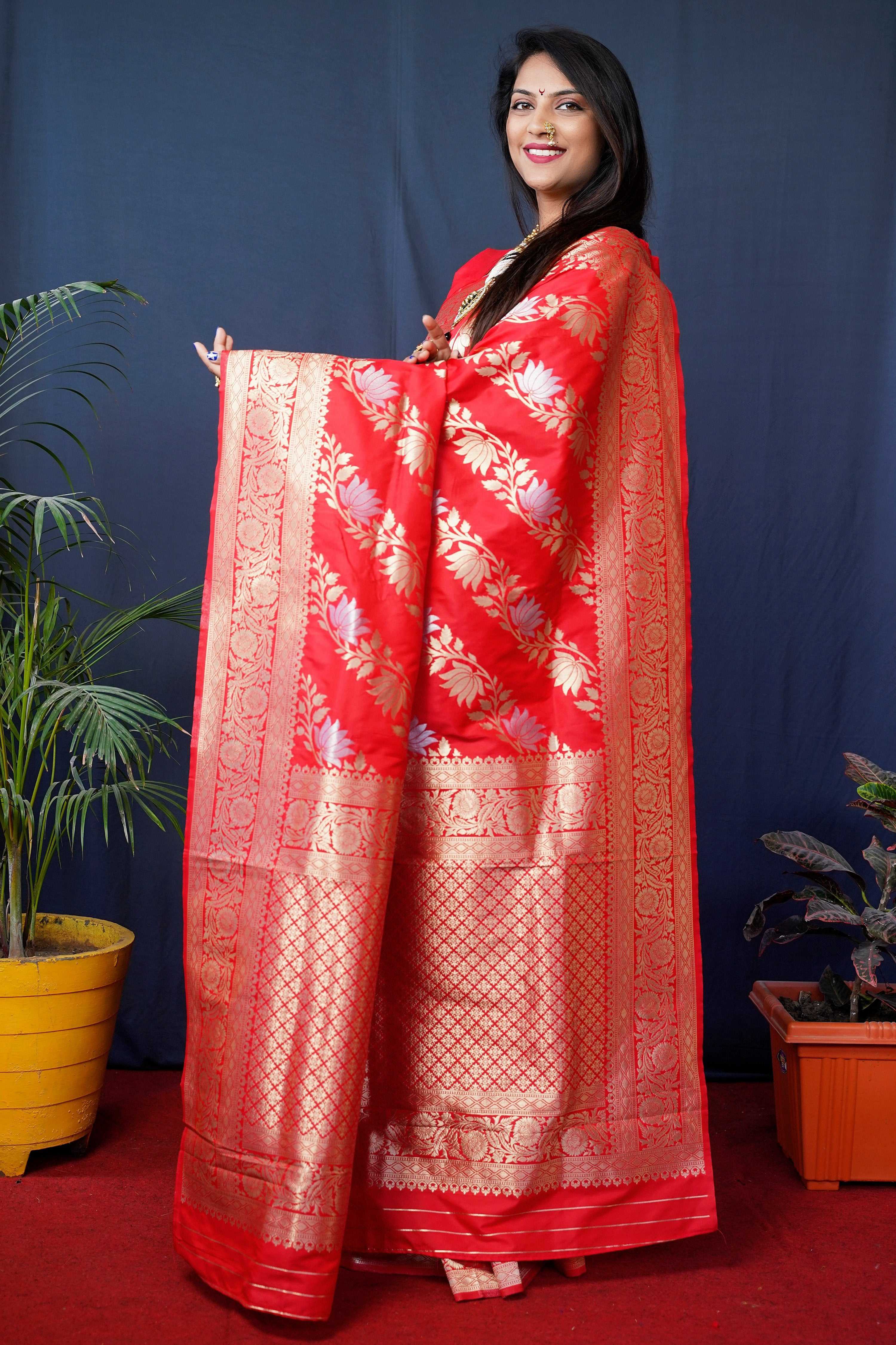 Red Handloom Banarasi Silk Saree with Zari Woven Details