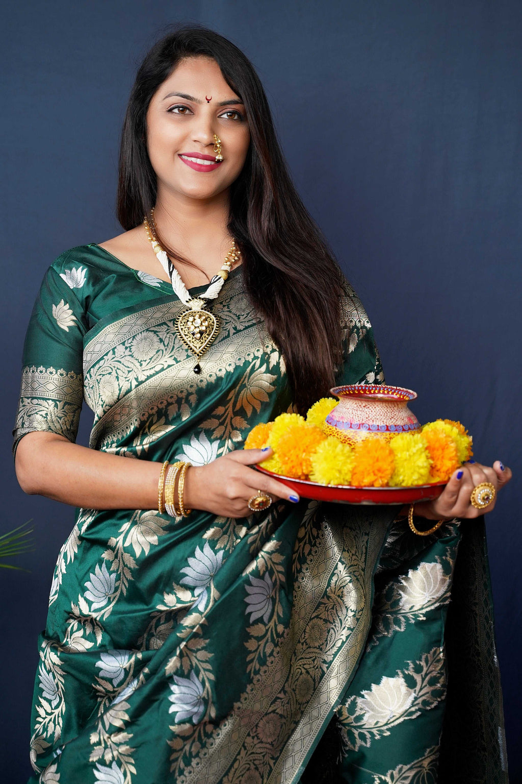Green Handloom Banarasi Silk Saree with Zari Weaving and Blouse