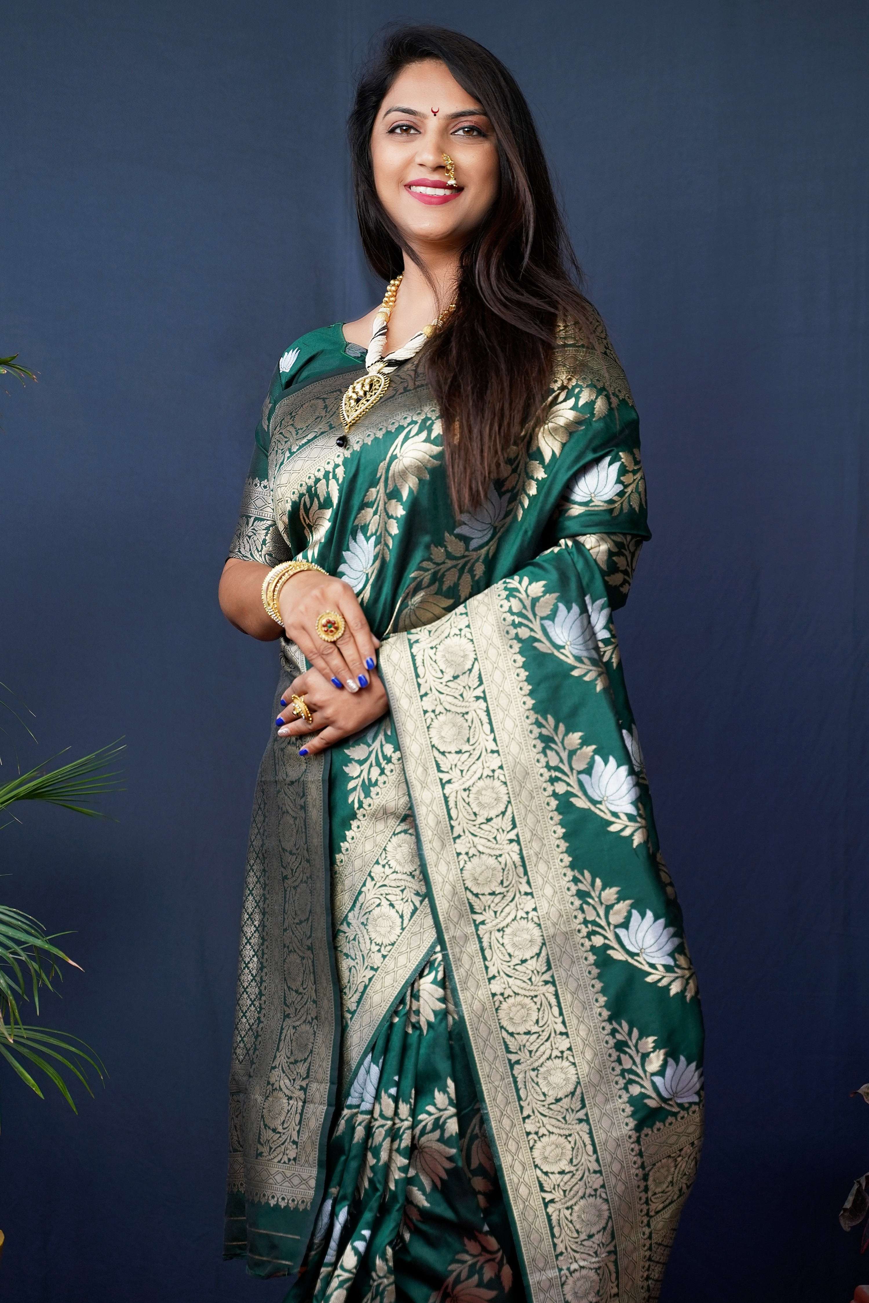 Green Handloom Banarasi Silk Saree with Zari Weaving and Blouse