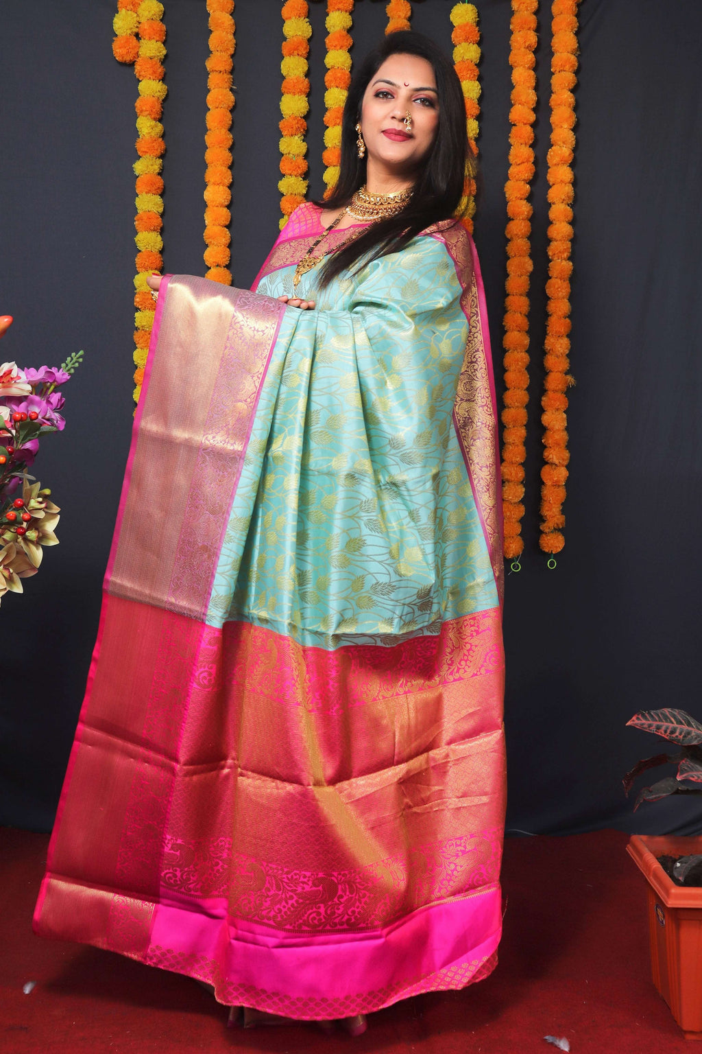 Sky Blue Kanchipuram Silk Zari Woven Saree with Blouse