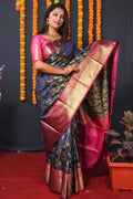 Navy Blue Kanchipuram silk saree with intricate gold zari woven designs