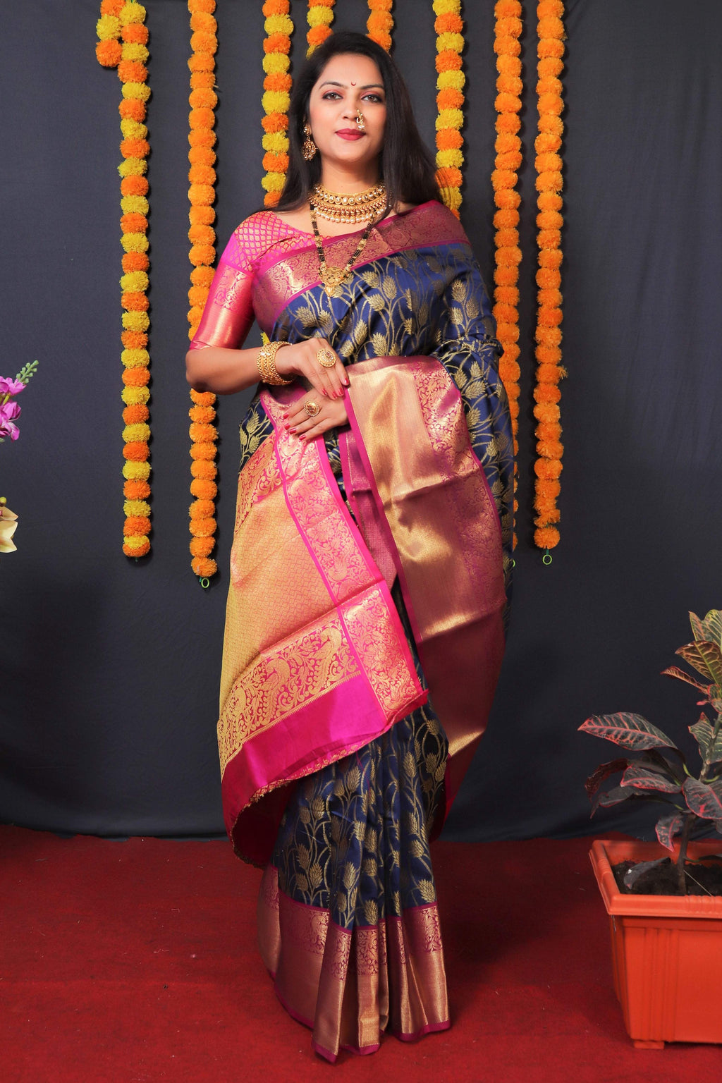 Navy Blue Kanchipuram Silk Saree with Zari Woven Motif