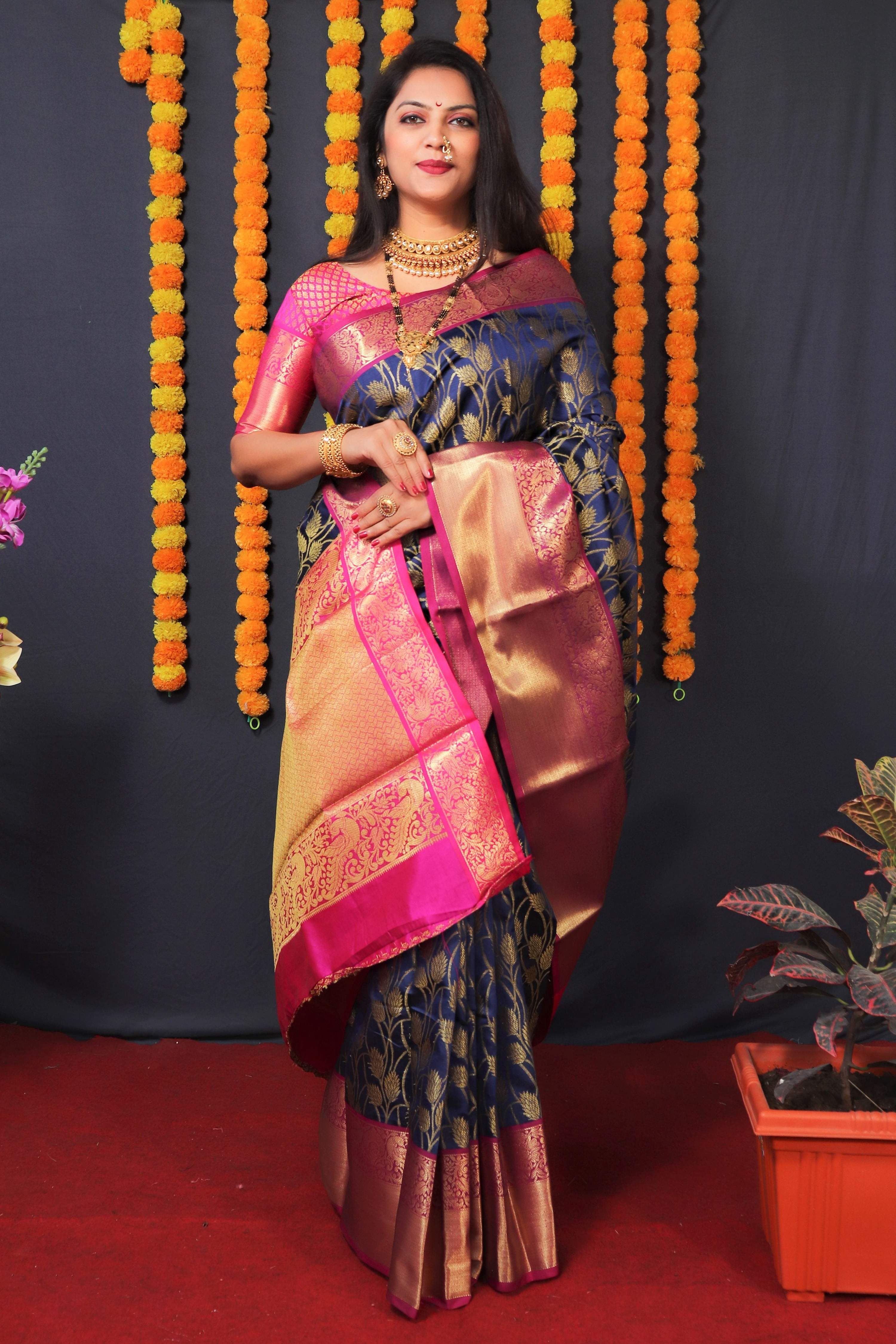 Navy Blue Kanchipuram Silk Saree with Zari Woven Motif