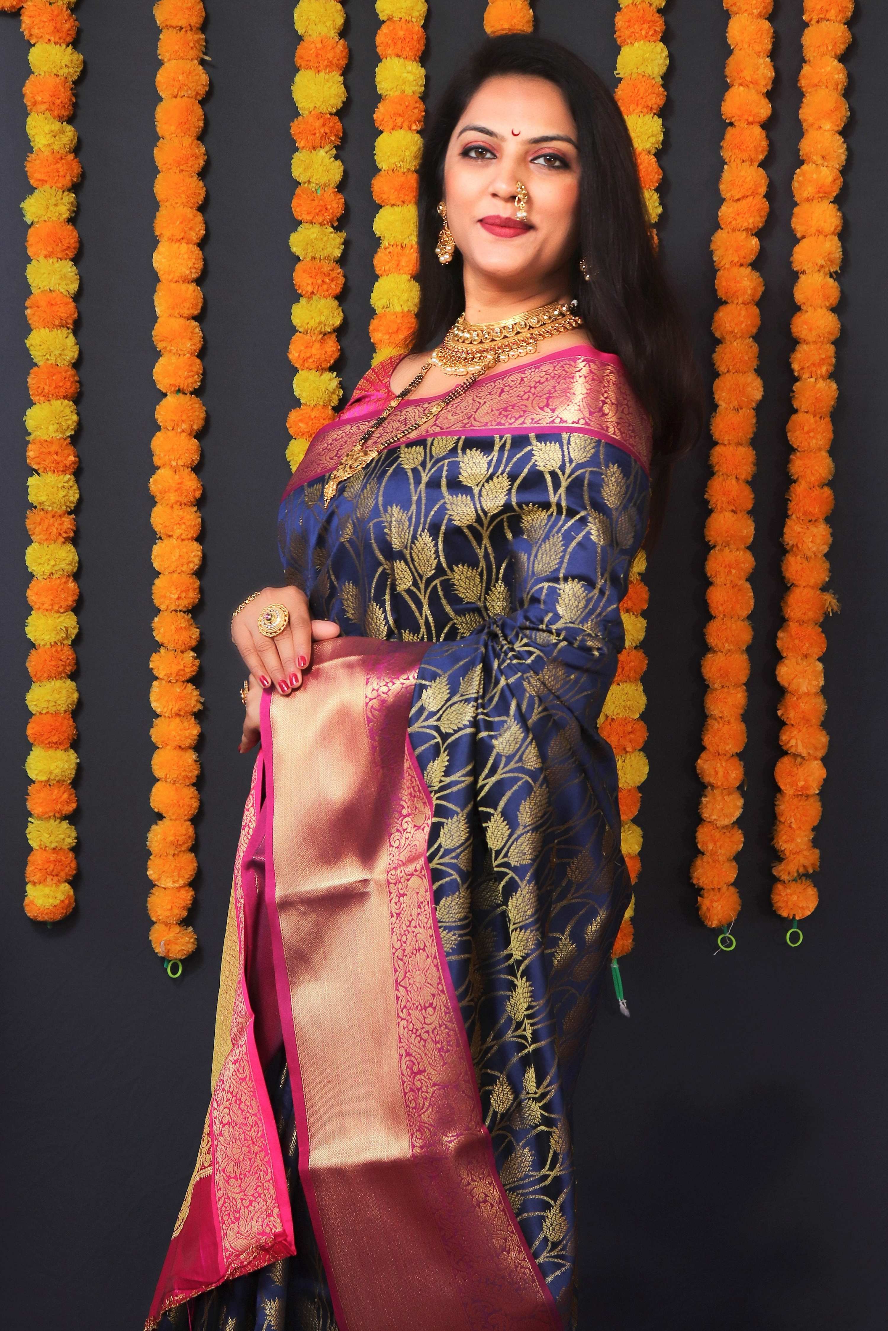 Navy Blue Kanchipuram Silk Saree with Zari Woven Motif