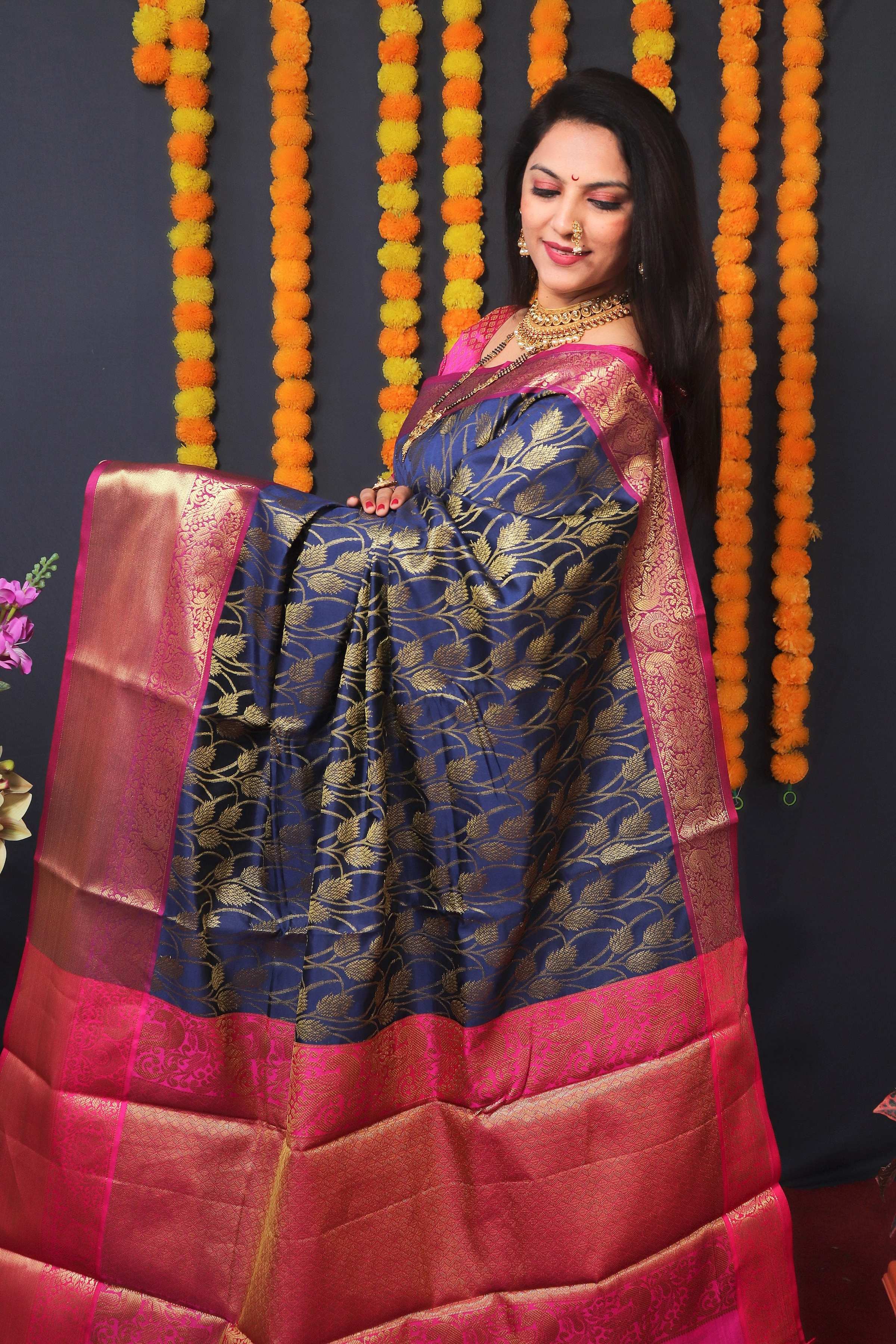 Navy Blue Kanchipuram Silk Saree with Zari Woven Motif