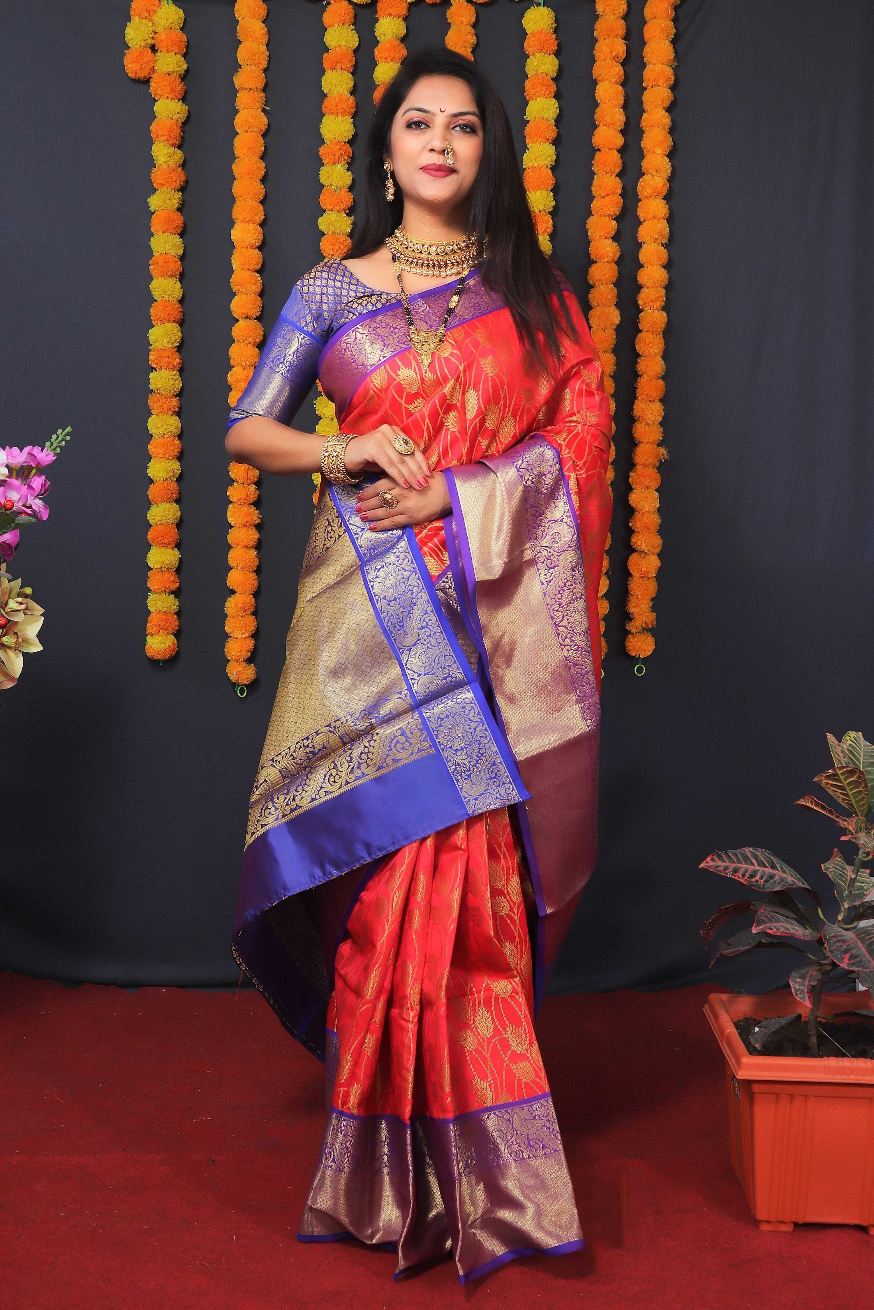 Red Kanchipuram Silk Saree with Zari Woven Detail and Blouse