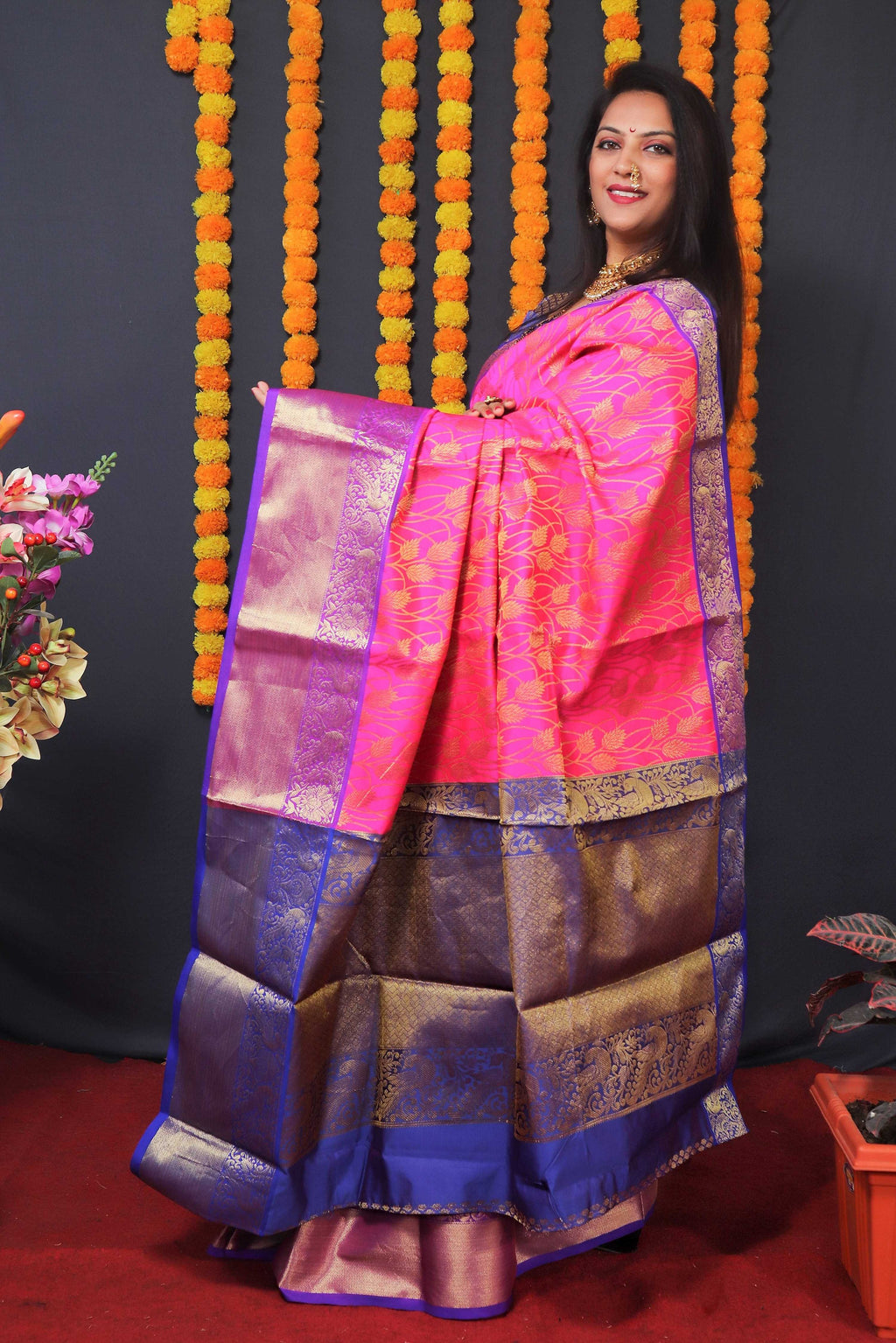 Pink Kanchipuram Silk Saree with Zari Woven Border and Blouse