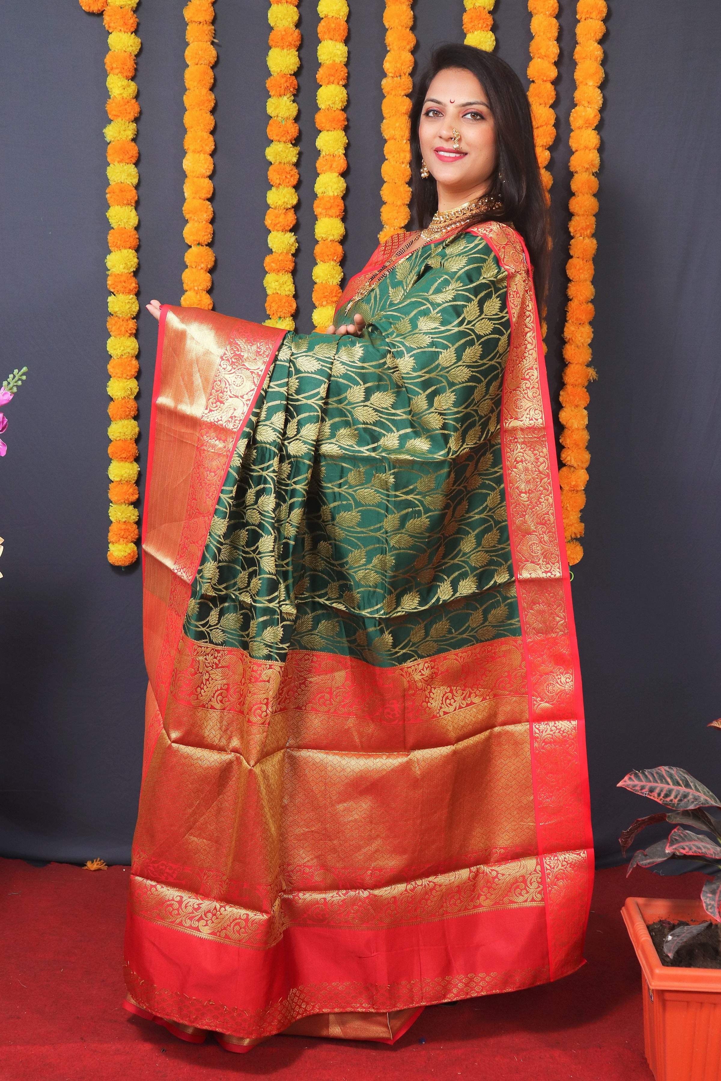Green Kanchipuram Silk Saree with Zari Woven Details & Blouse