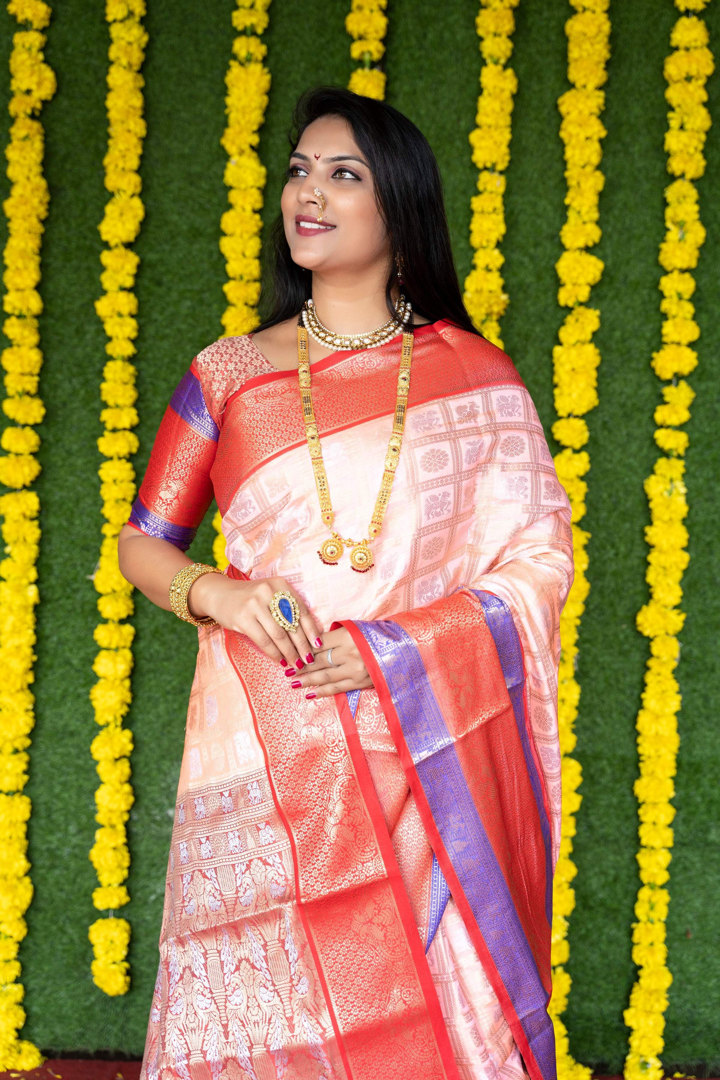 Peach Kanchipuram Silk Zari Woven Saree with Blouse