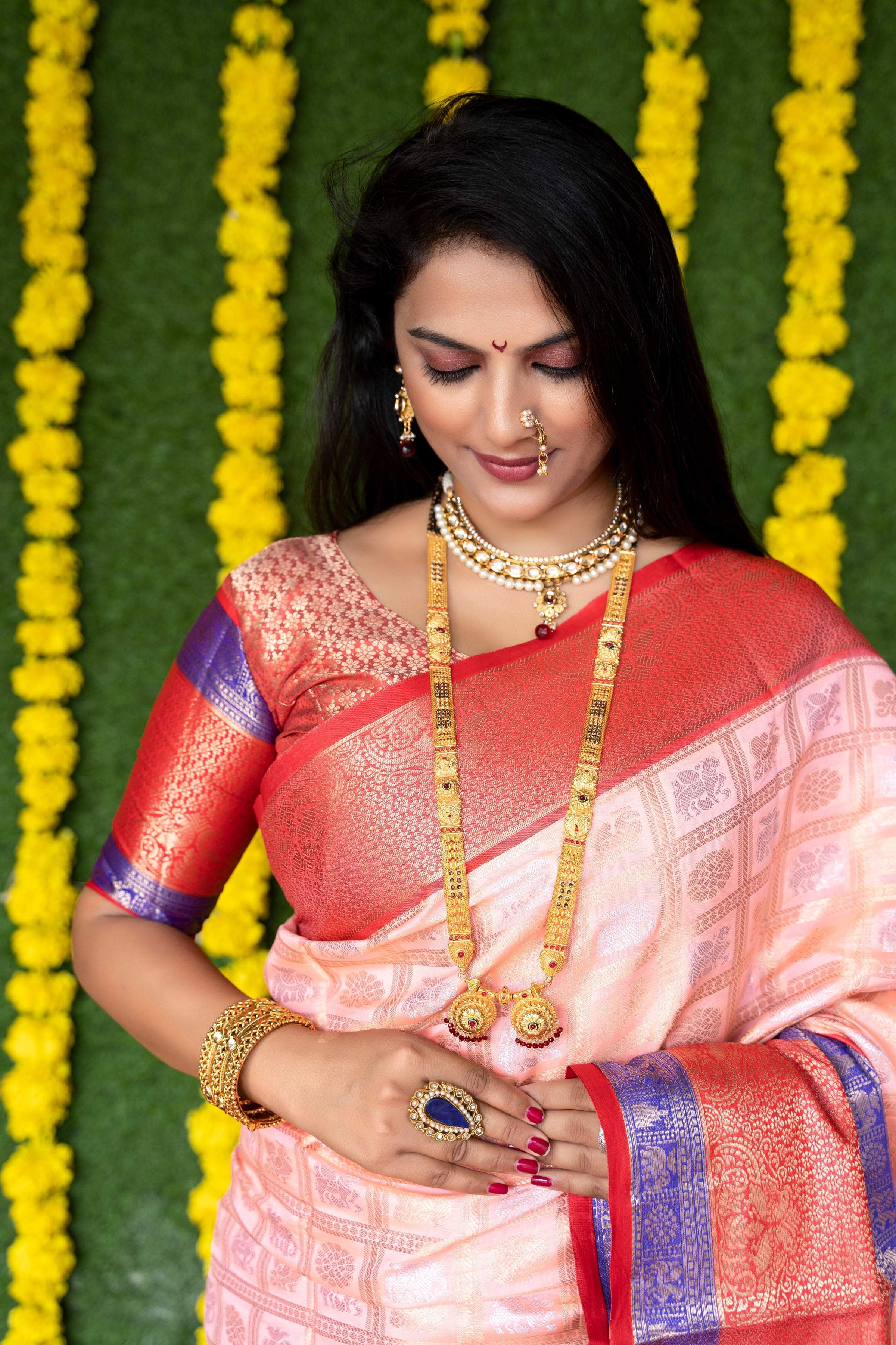Peach Kanchipuram Silk Zari Woven Saree with Blouse