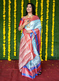 Sky Blue Kanchipuram Silk saree with elegant Zari woven patterns and matching blouse