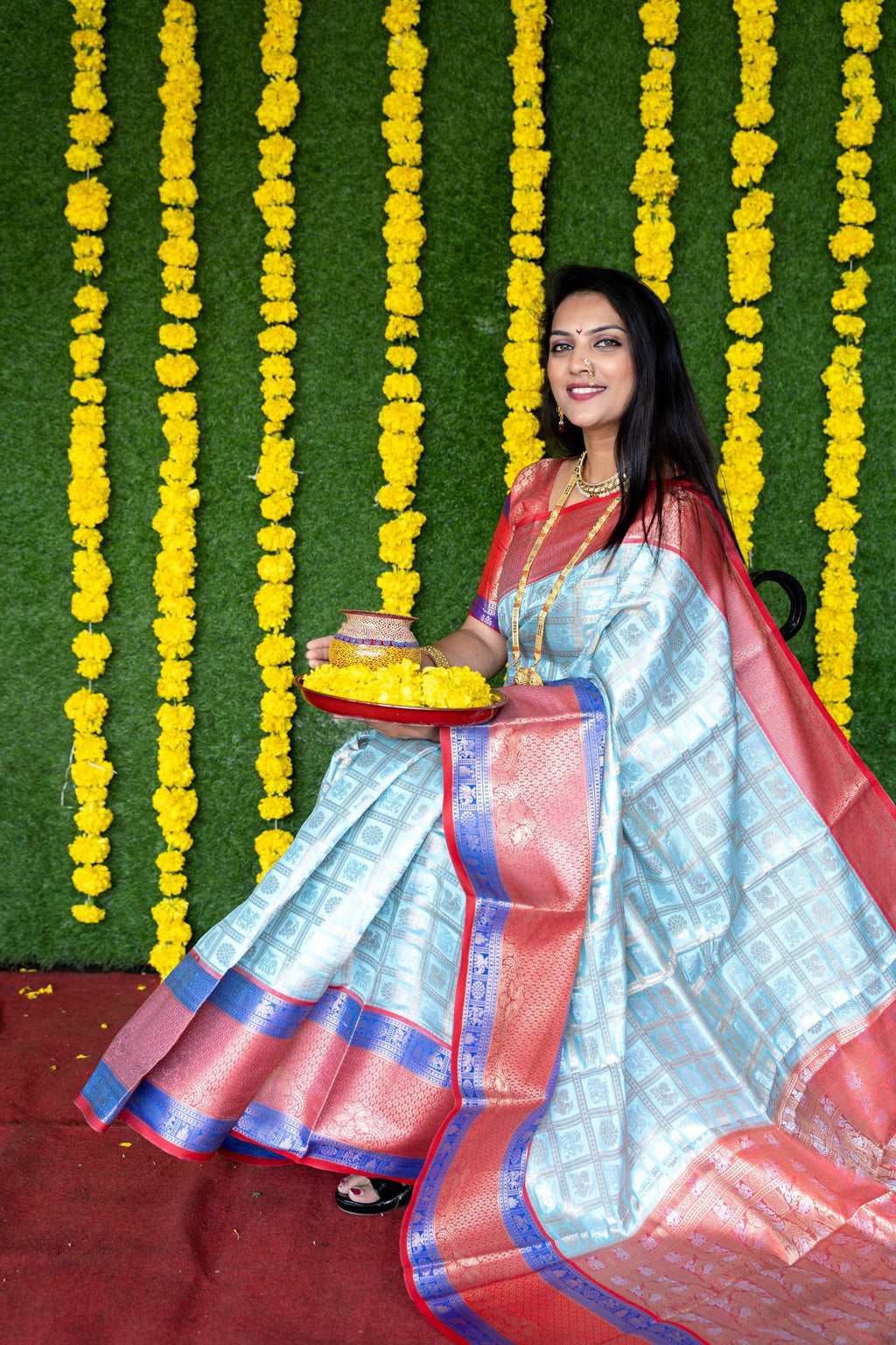 Sky Blue Kanchipuram Silk Saree with Zari Woven Border & Blouse