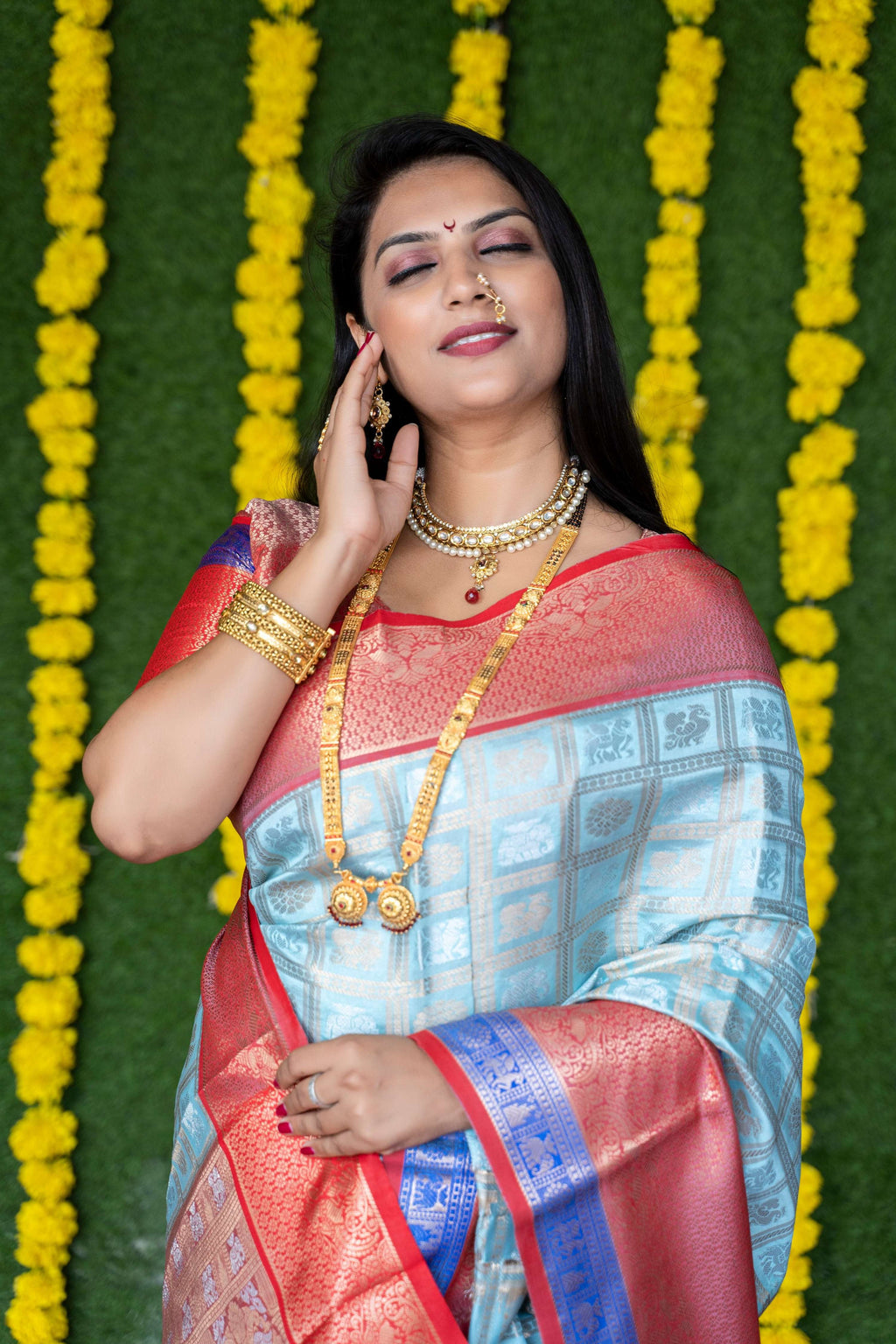 Sky Blue Kanchipuram Silk Saree with Zari Woven Border & Blouse