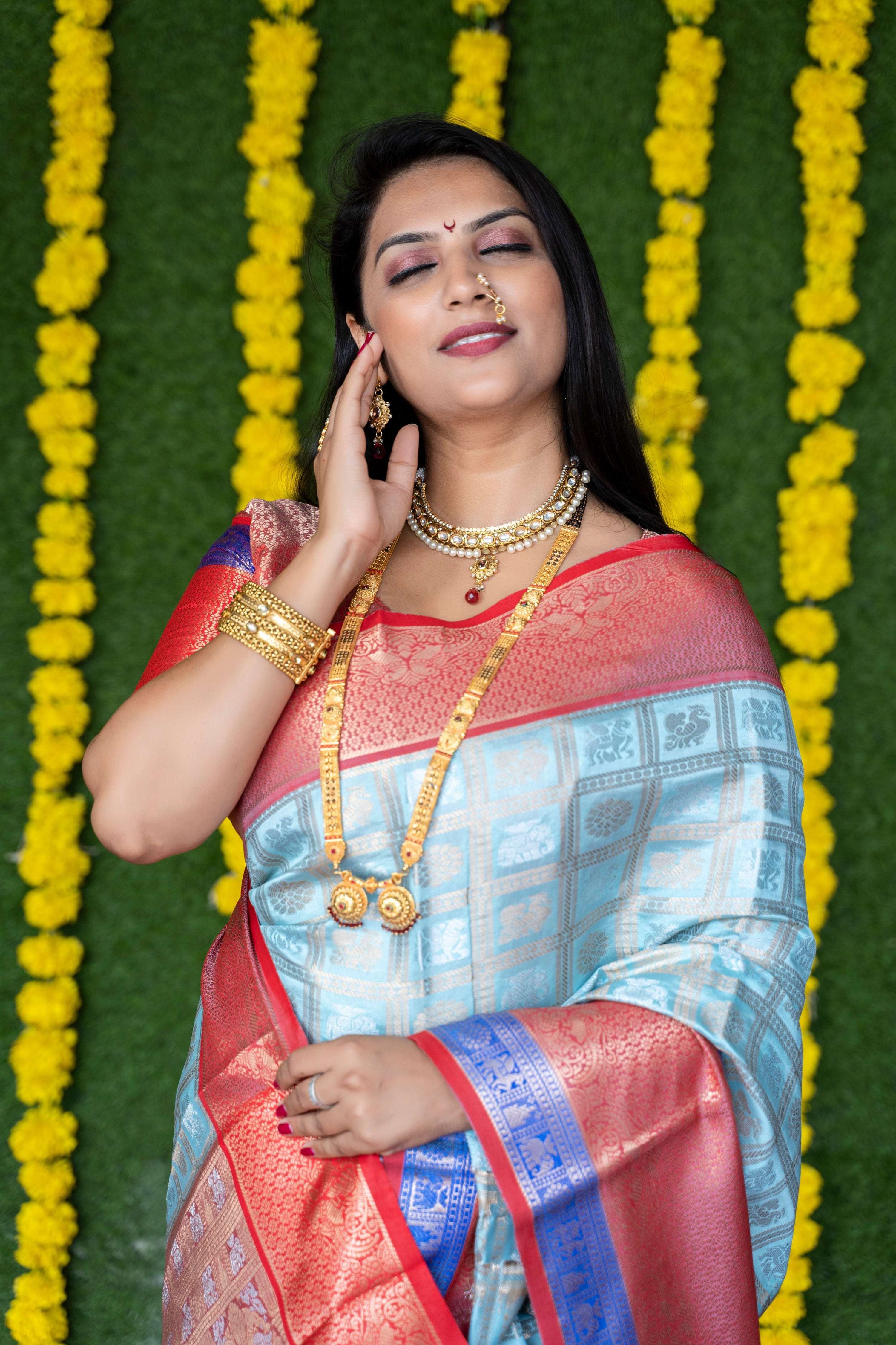 Sky Blue Kanchipuram Silk Saree with Zari Woven Border & Blouse