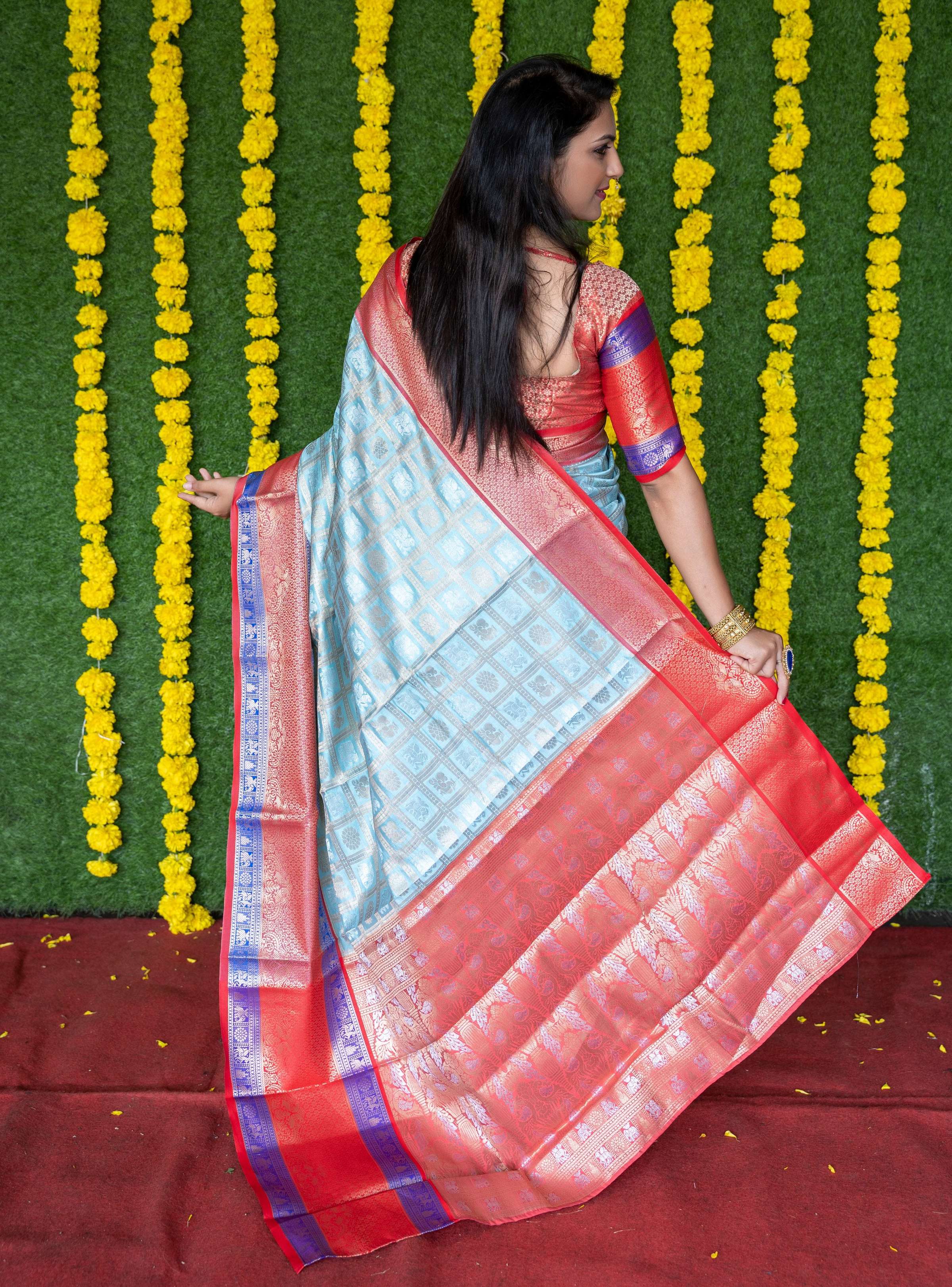Sky Blue Kanchipuram Silk Saree with Zari Woven Border & Blouse