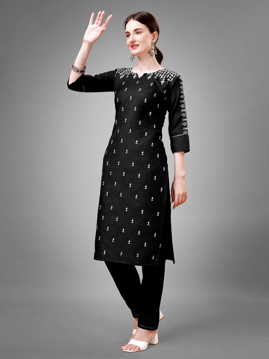 Jyoti Fashion black cotton blend straight kurta with sequins and embroidery detail
