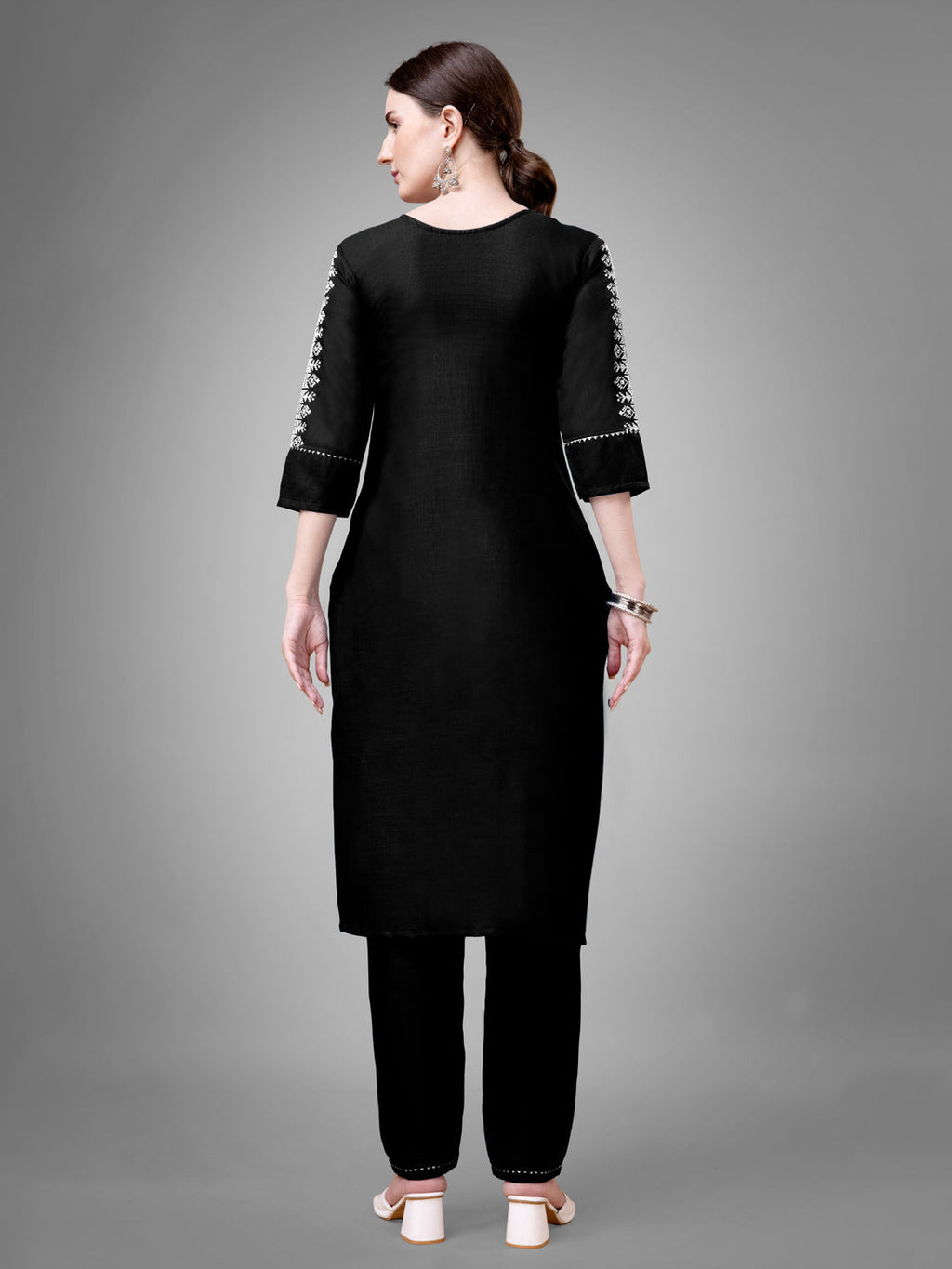Women's Black Cotton Blend Sequins Embroidered Straight Kurta Set