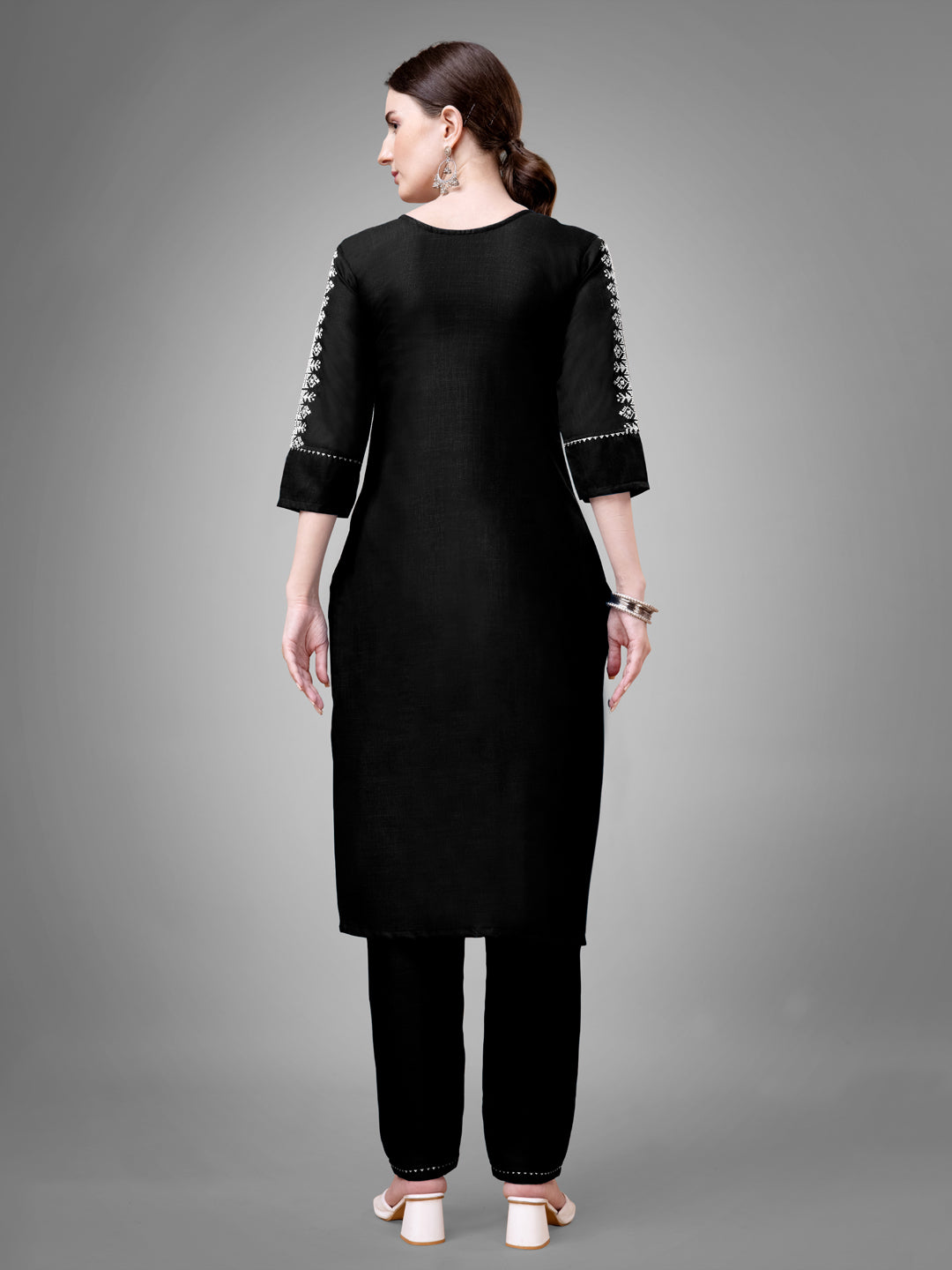 Women's Black Cotton Blend Sequins Embroidered Straight Kurta Set