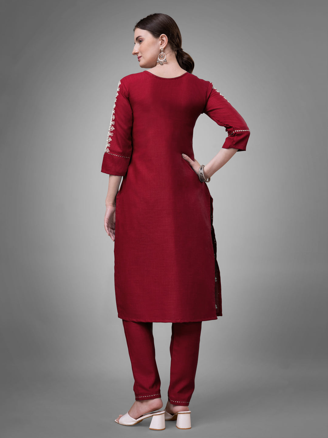 Jyoti Fashion Women's Maroon Cotton Blend Sequins with Embroidered Kurta Set