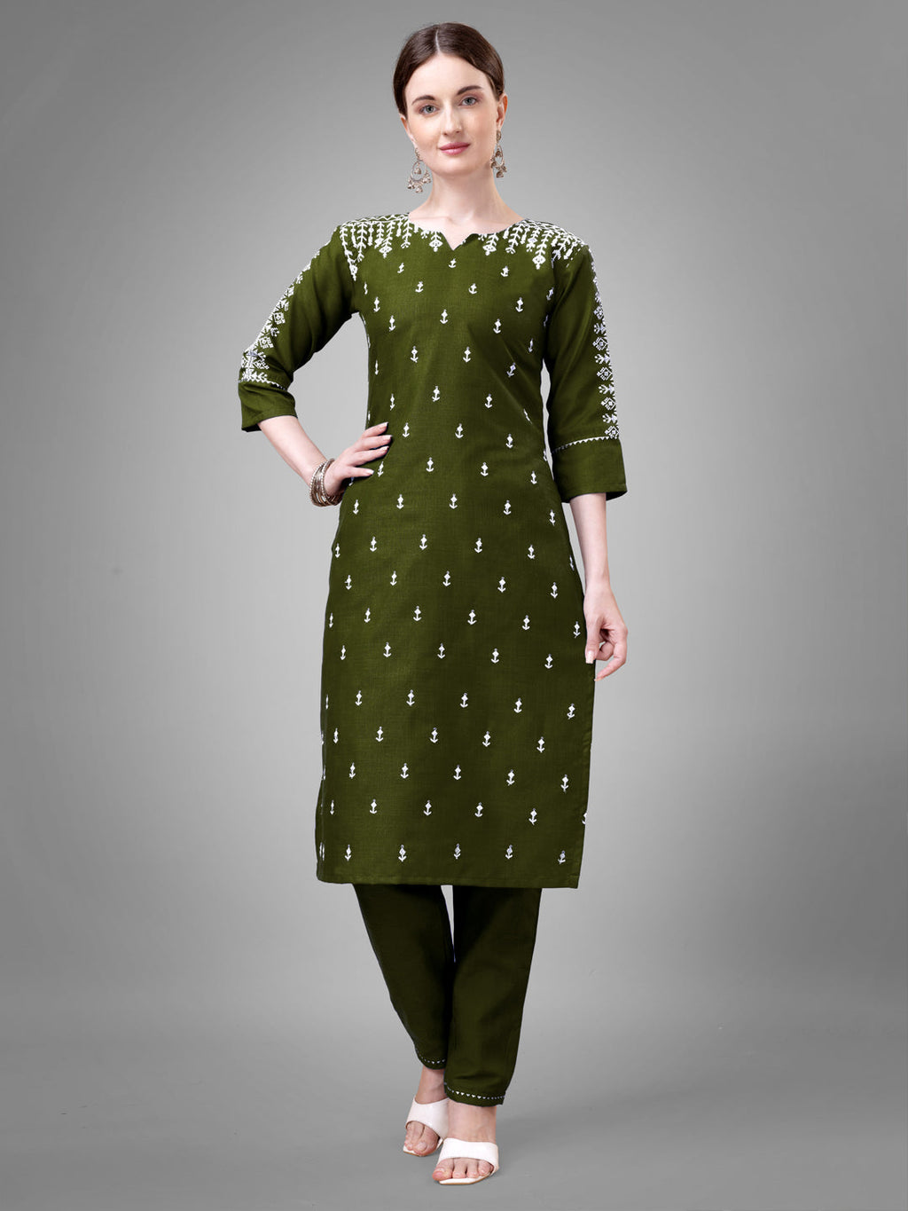 Jyoti Fashion Women's Mehendi Cotton Blend Sequins with Embroidered Kurta Set